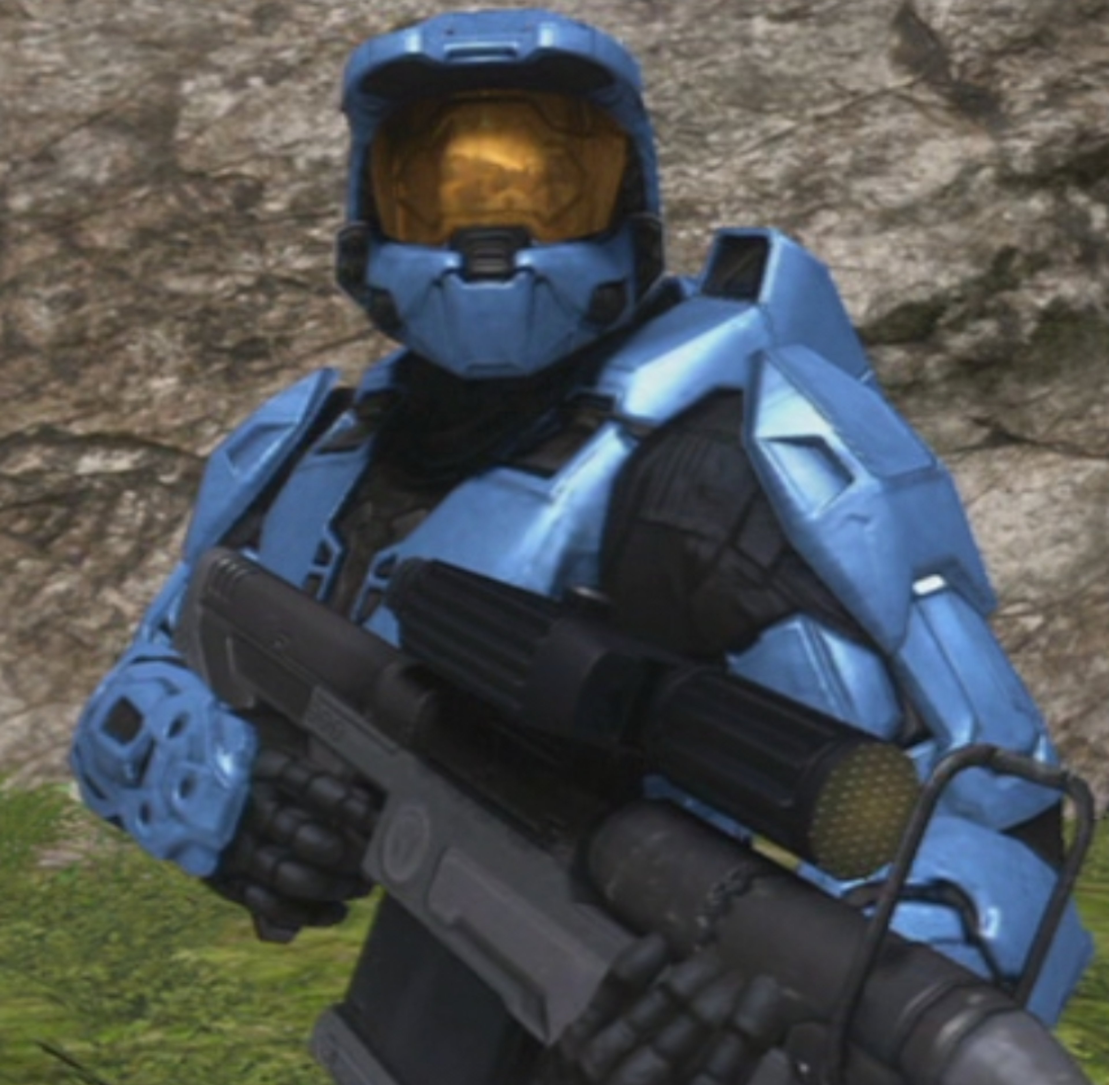 A simulation trooper in blue armor holding a weapon in an outdoor environment.