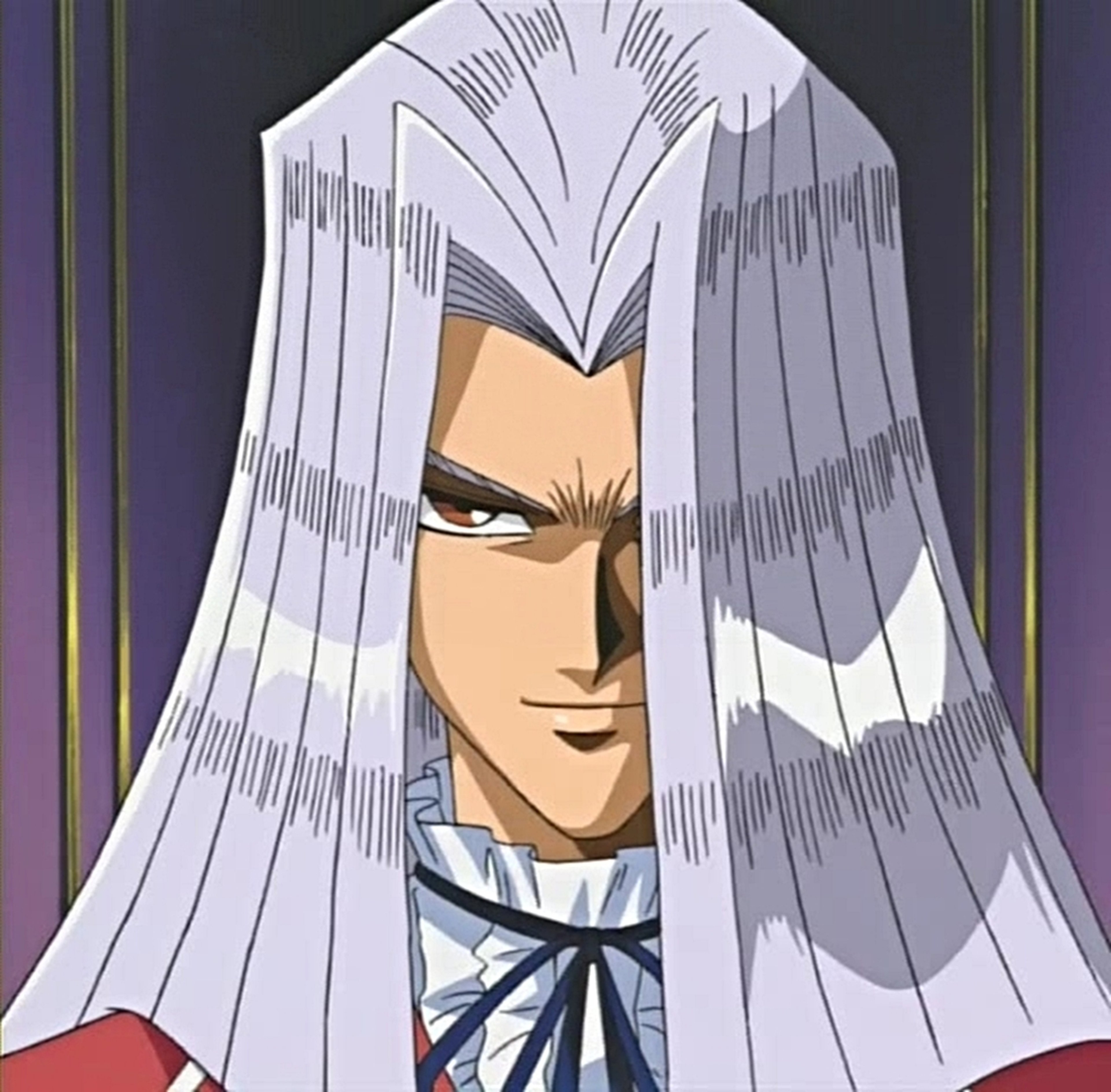 A man with silver hair and an ornate red and gold outfit, with a confident expression on his face.