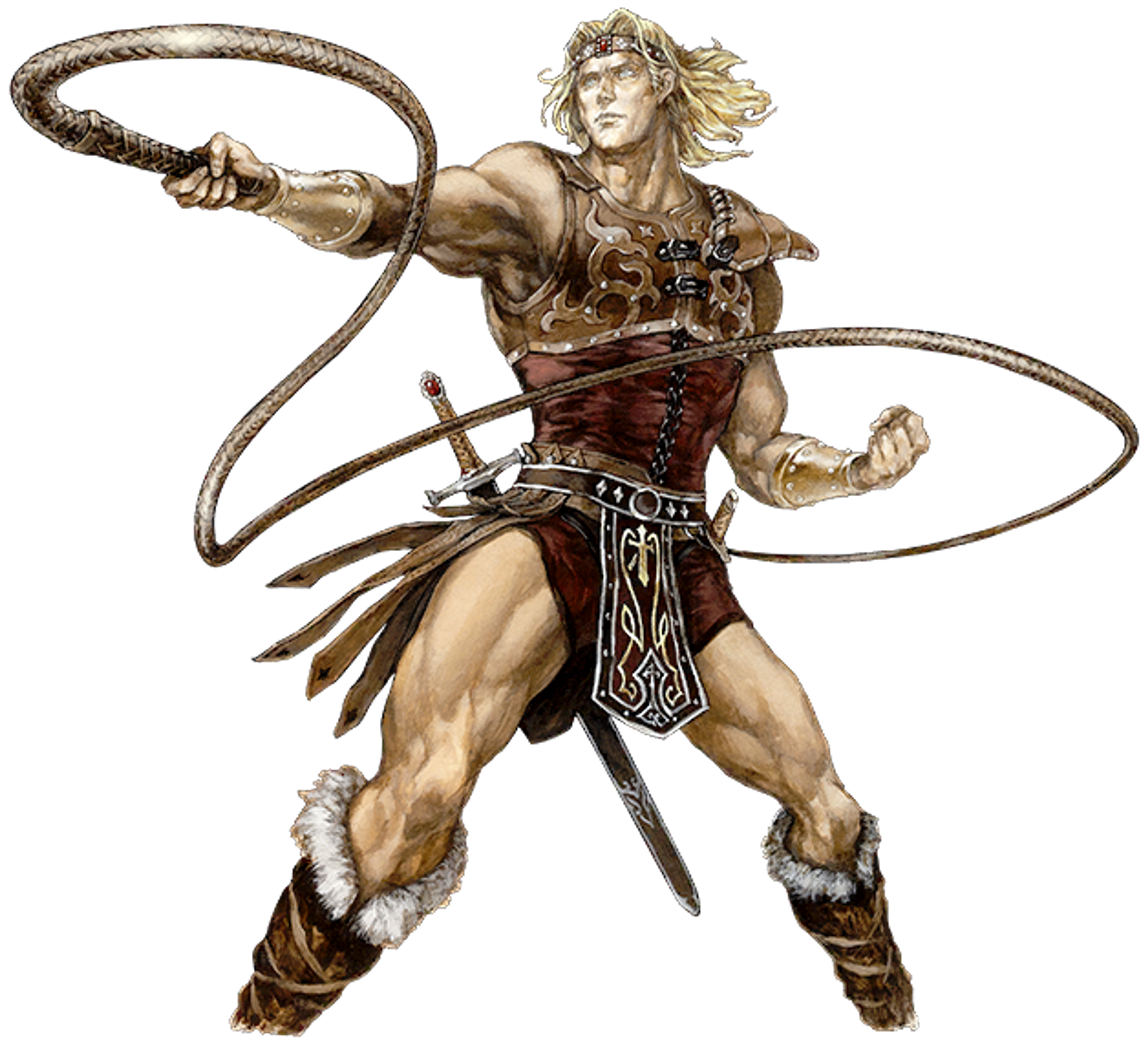 A muscular, armored male figure wielding a whip in a heroic, action-oriented pose.