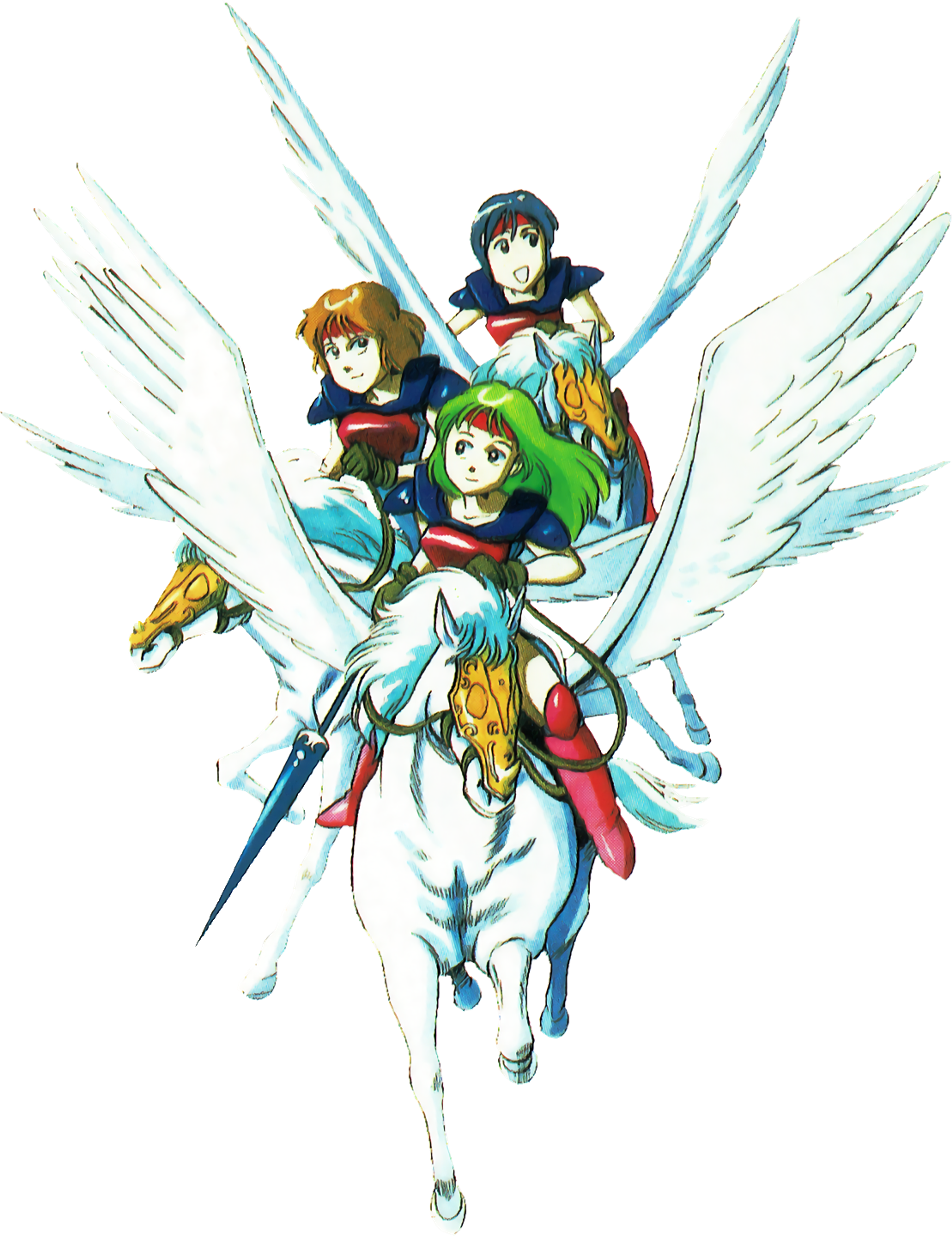 A group of four winged female fantasy characters in colorful, ornate outfits