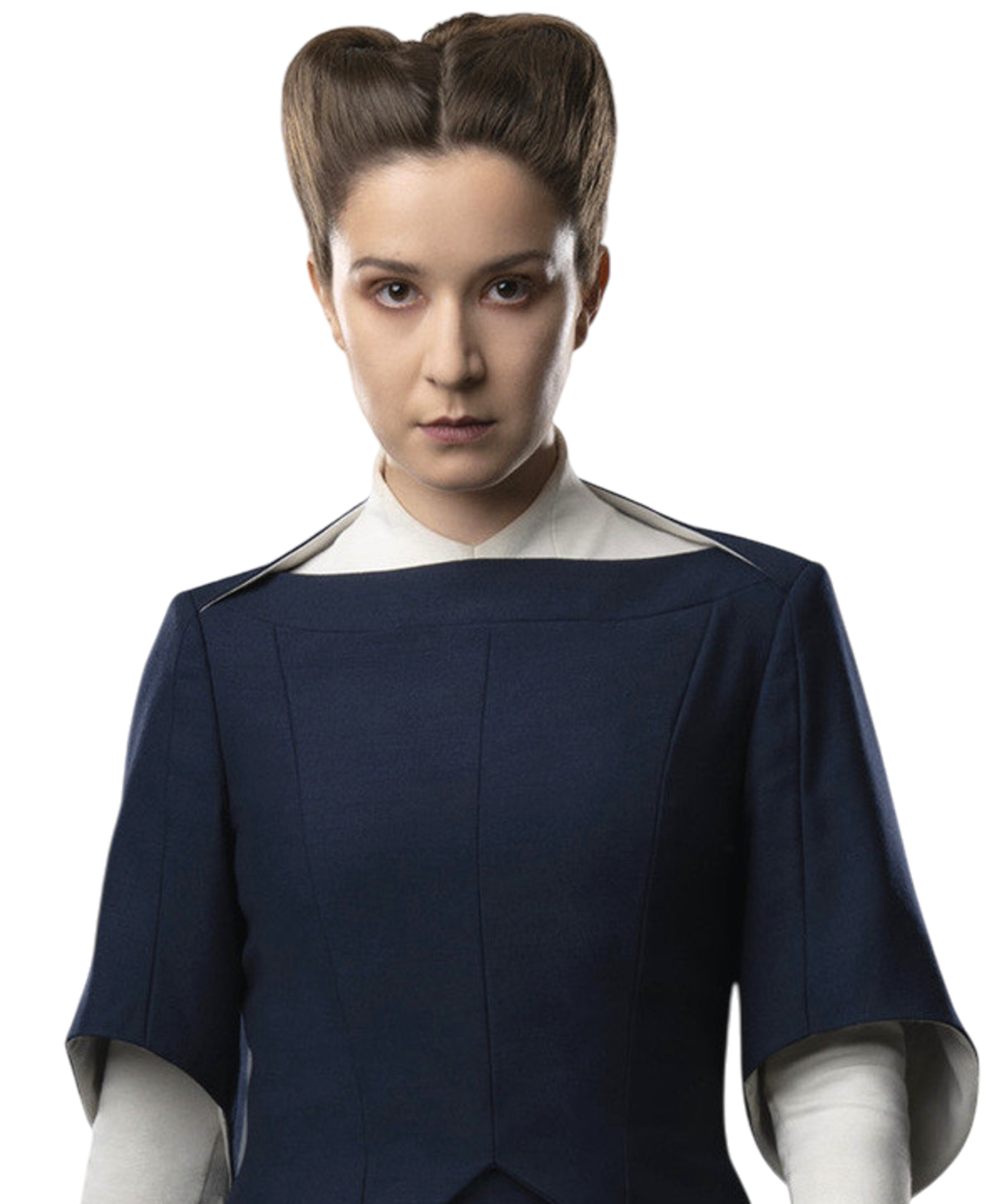 A woman with dark hair and a serious expression wearing a dark blue or black outfit