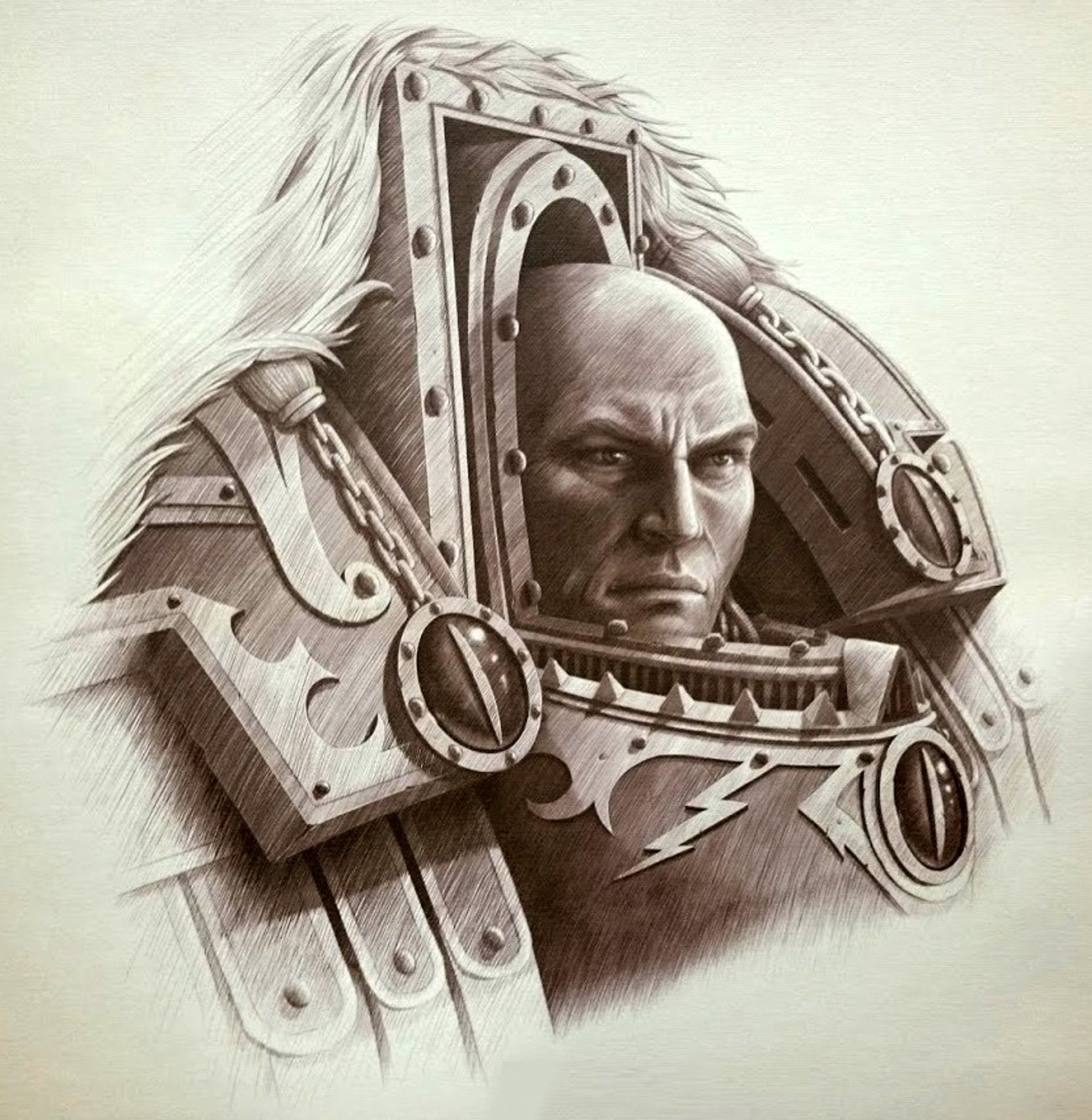 A detailed portrait of a heavily armored and helmeted figure from the Warhammer 40k universe.