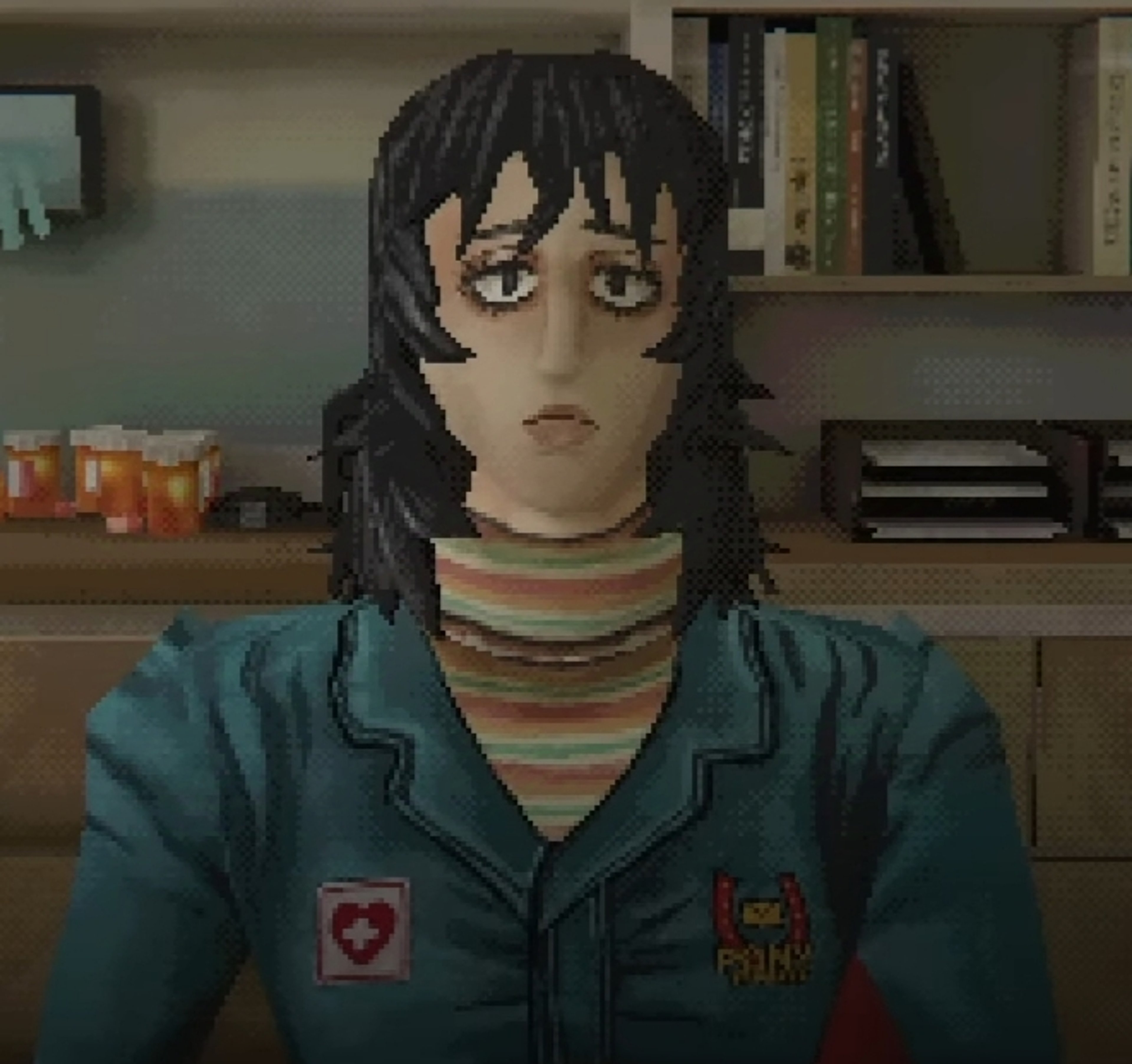 A young woman with dark hair wearing a green jacket with patches, looking serious and slightly anxious.