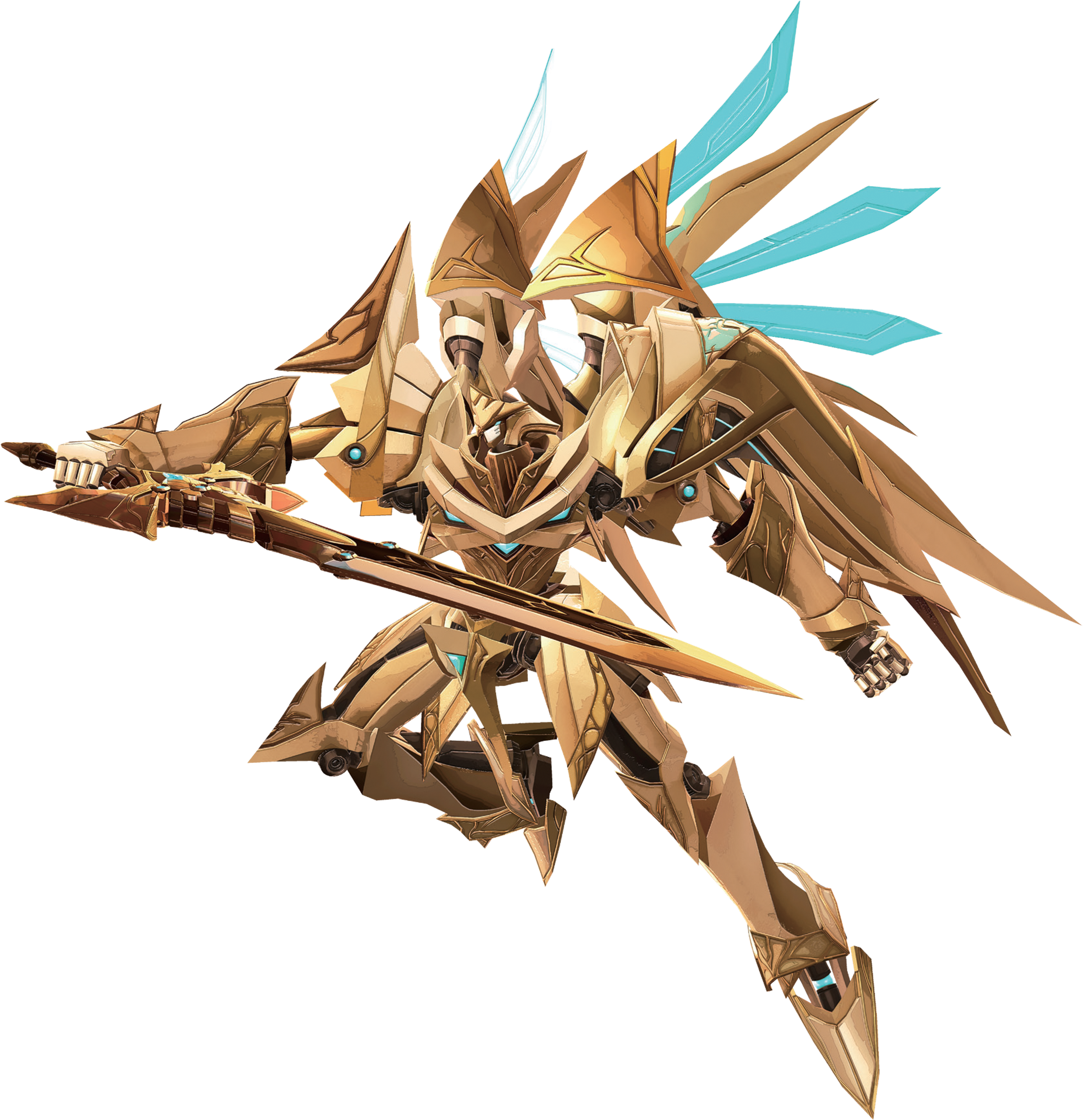 A massive golden divine knight mech with a powerful, imposing presence