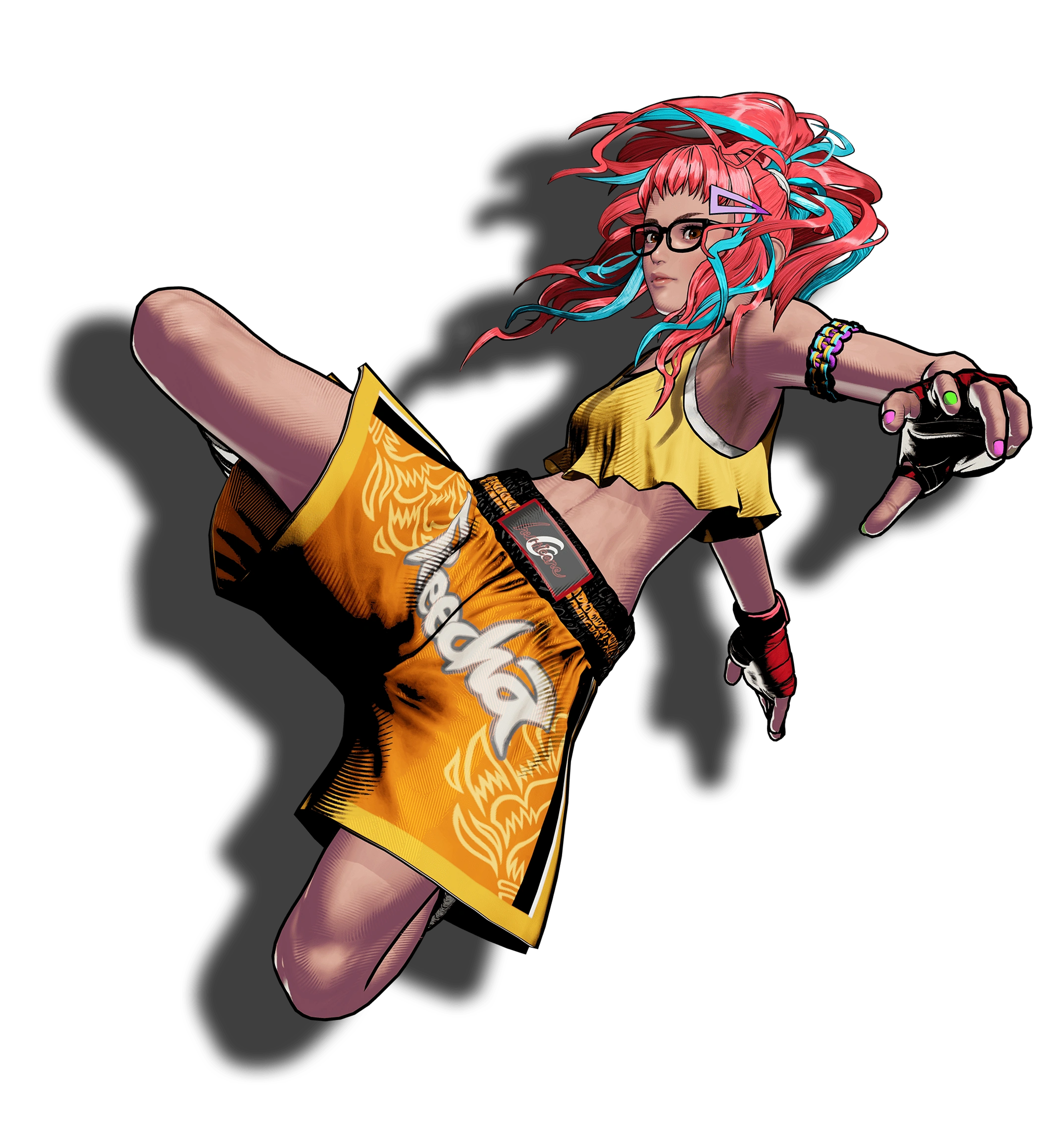 A young Thai scientist and Muay Thai fighter with pink and blue hair