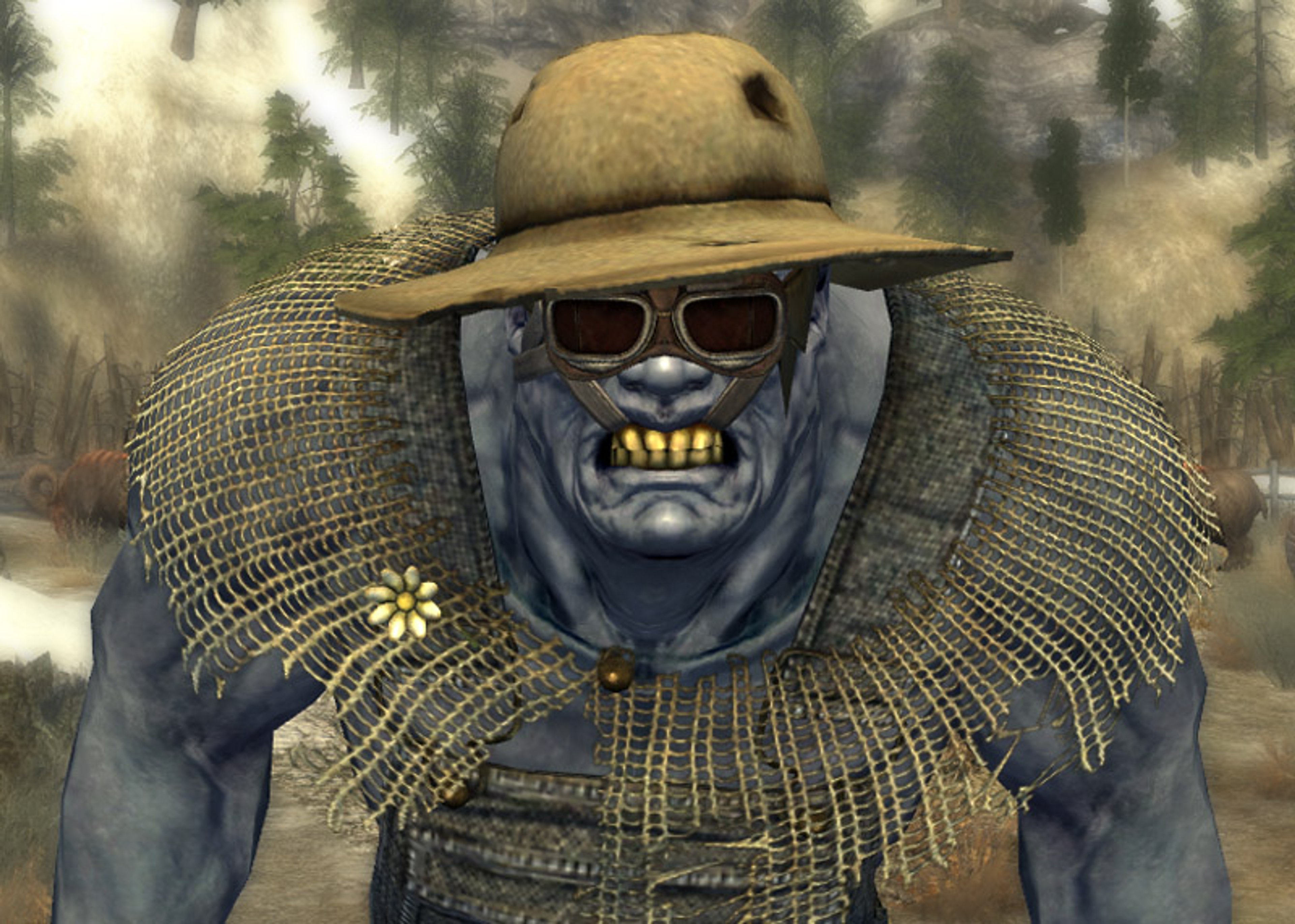 A large, blue-skinned super mutant character wearing a hat and holding a bladed weapon