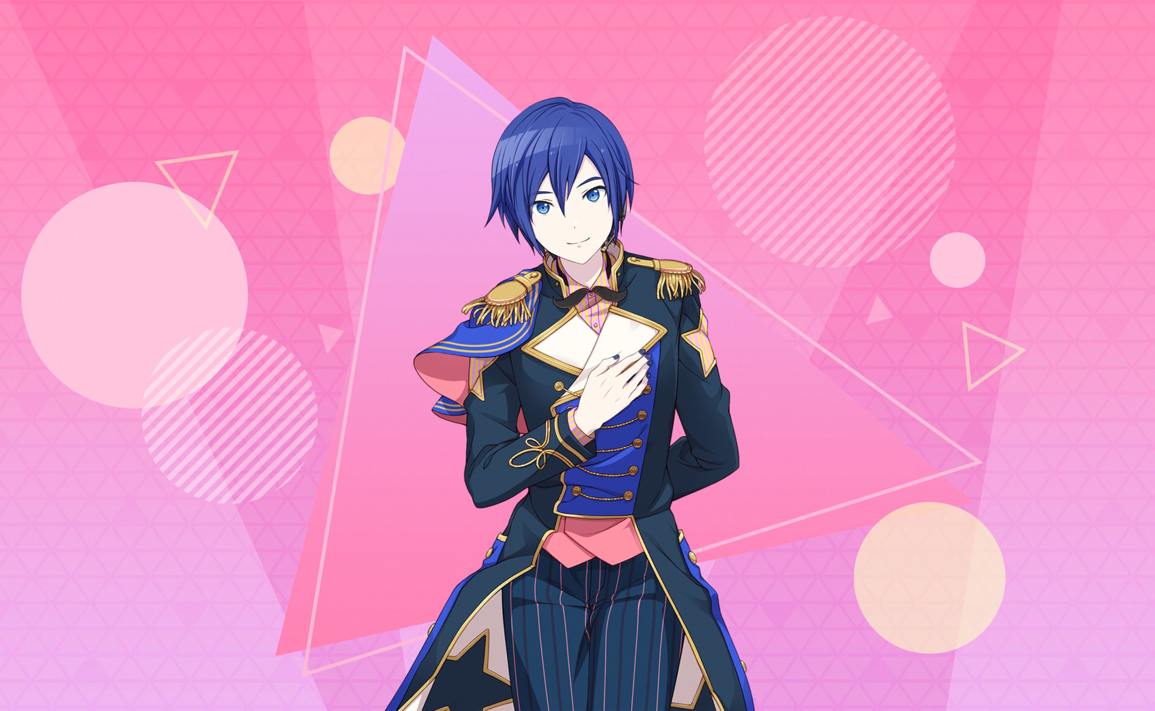 A virtual character named KAITO, a male singer with blue hair wearing a dark blue uniform with gold accents and a cape, in a confident, dramatic pose.