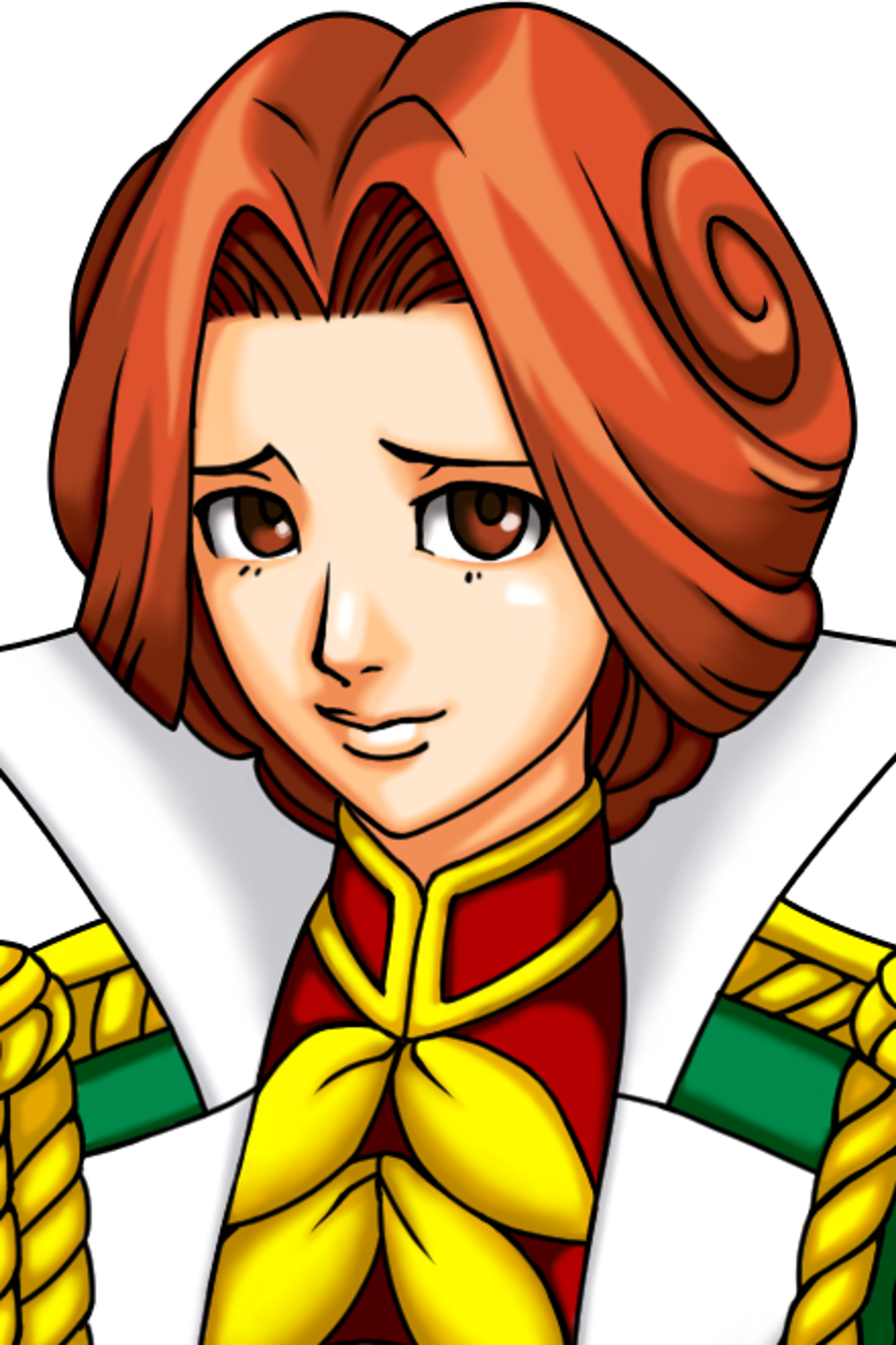 An anime-style character with red hair and a friendly expression, wearing a yellow scarf and green jacket.