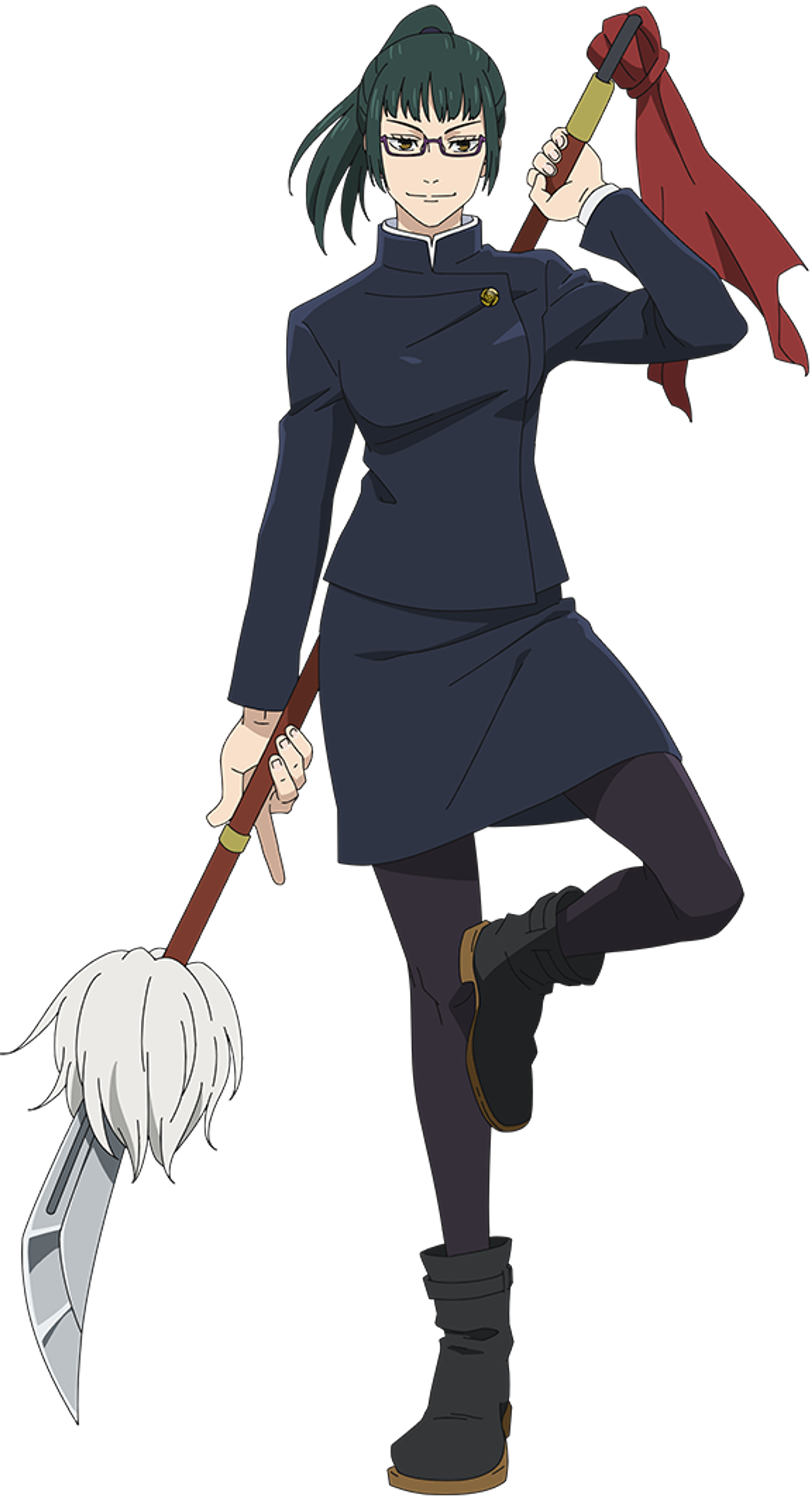 An anime-style character with short, dark hair wearing a dark uniform and holding a weapon.