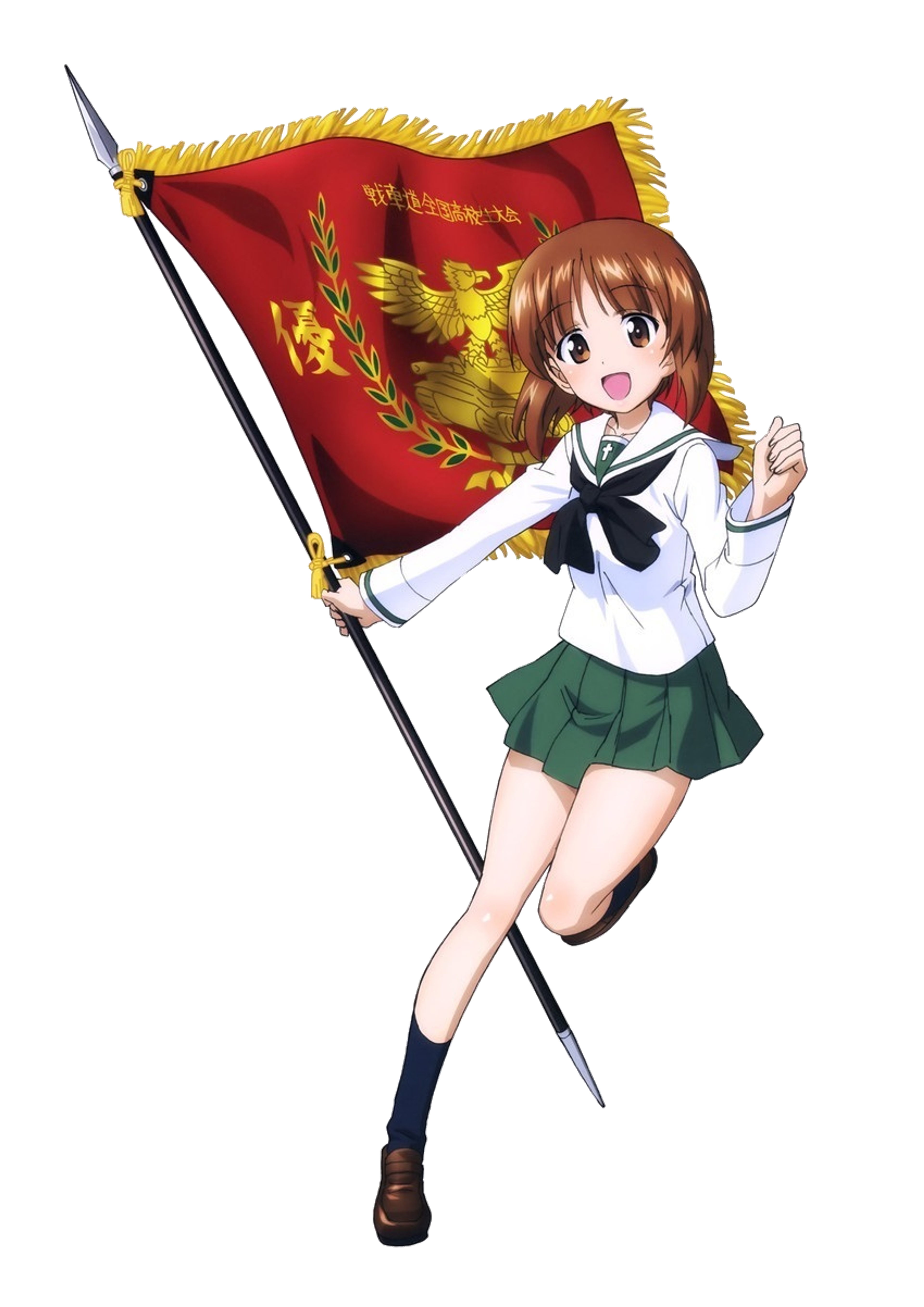 An anime-style character named Miho Nishizumi holding a red flag with a golden emblem