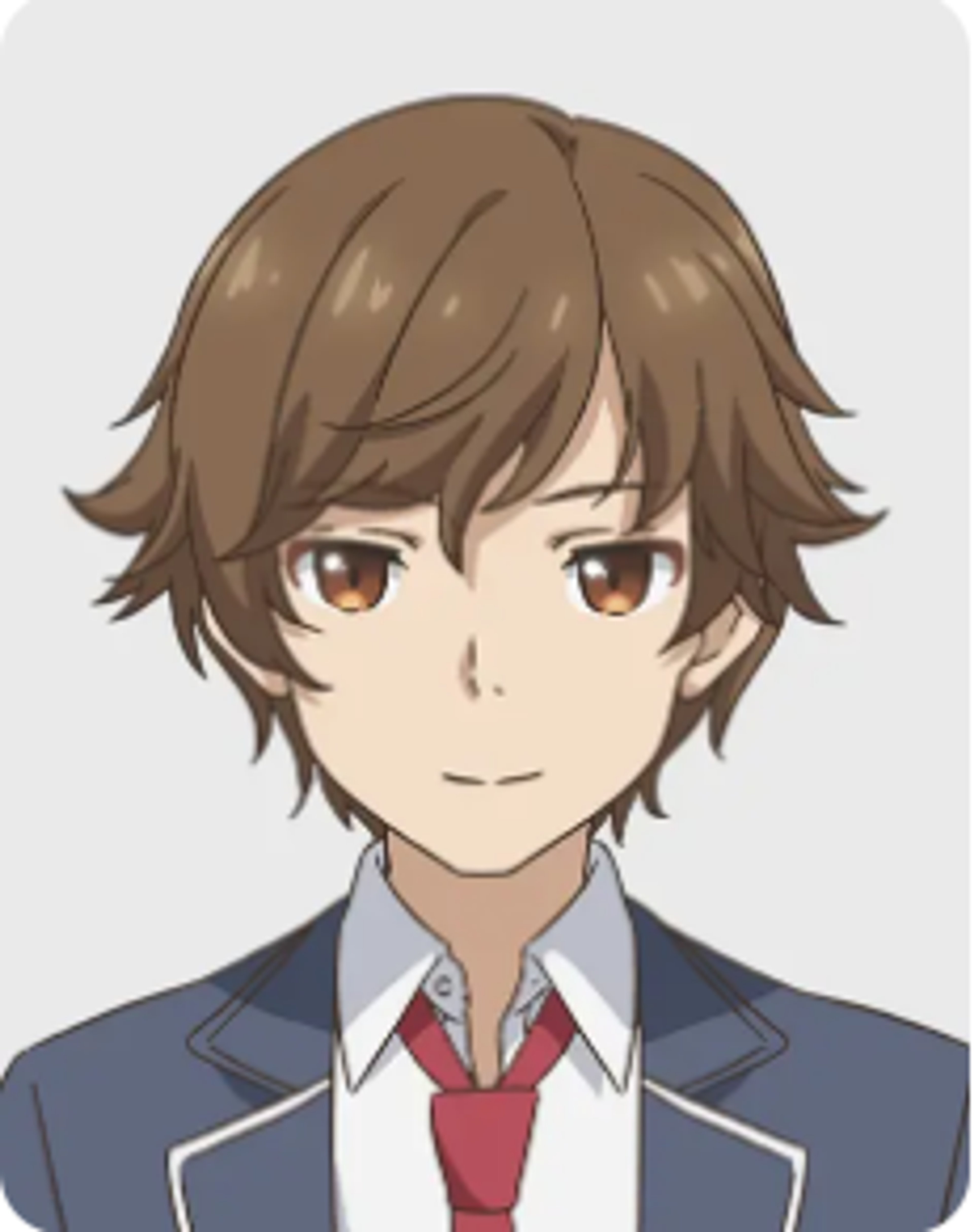 A young man with short, wavy brown hair and red eyes wearing a school uniform