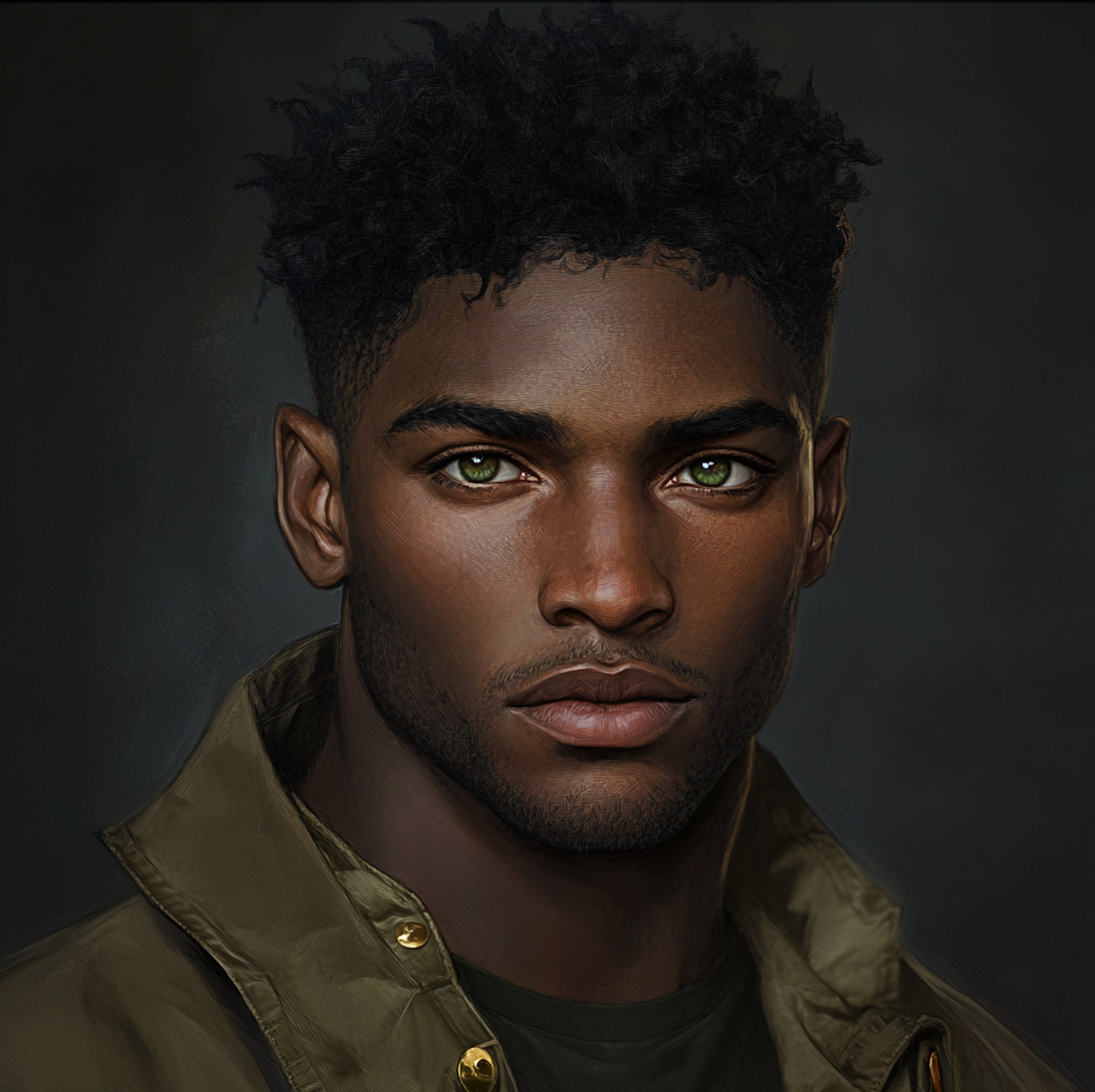 A young Black man with short, curly hair wearing a military-style jacket