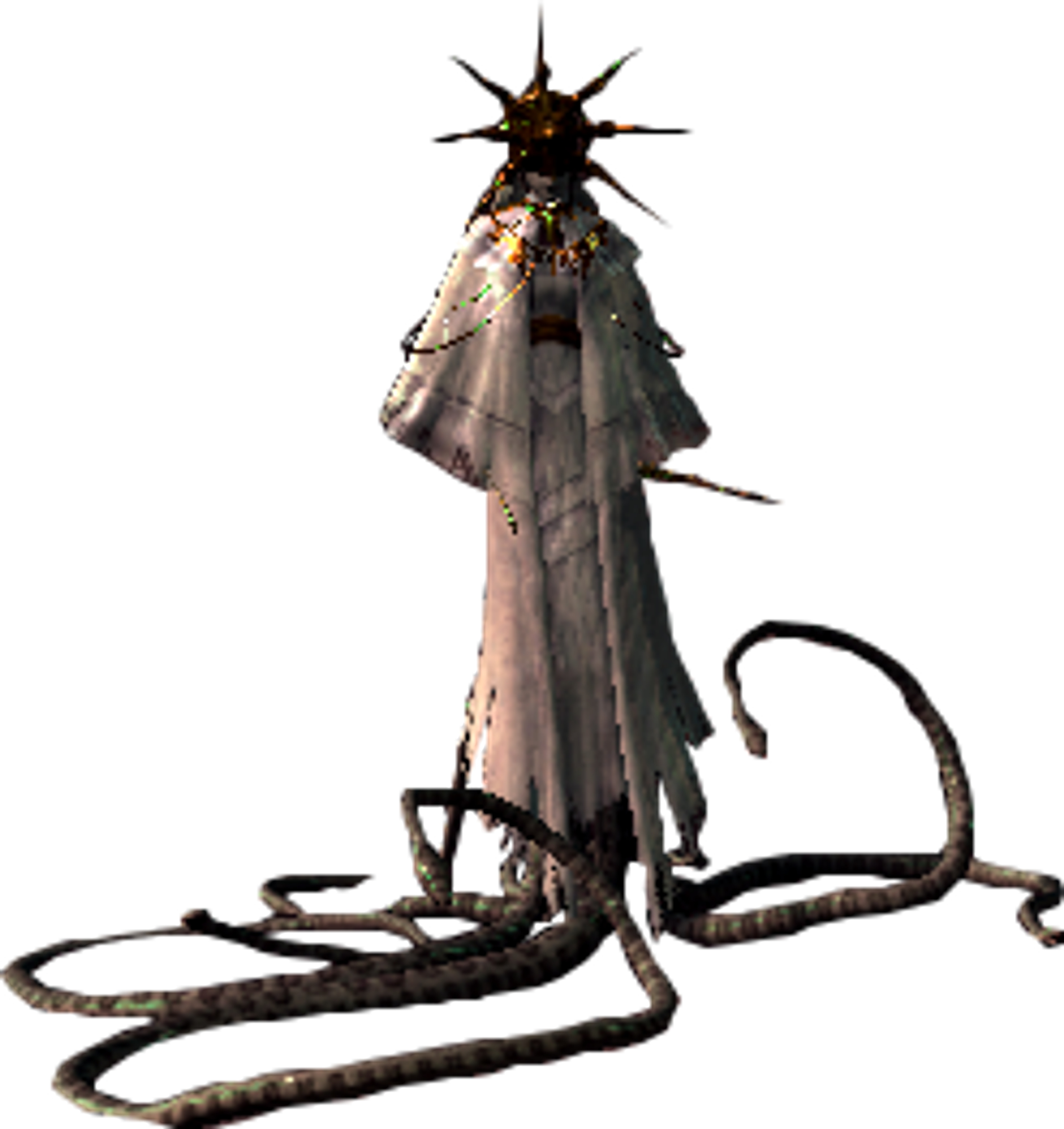 A character with long white hair wearing a flowing white dress or robe, with snakes coiled around their lower body.