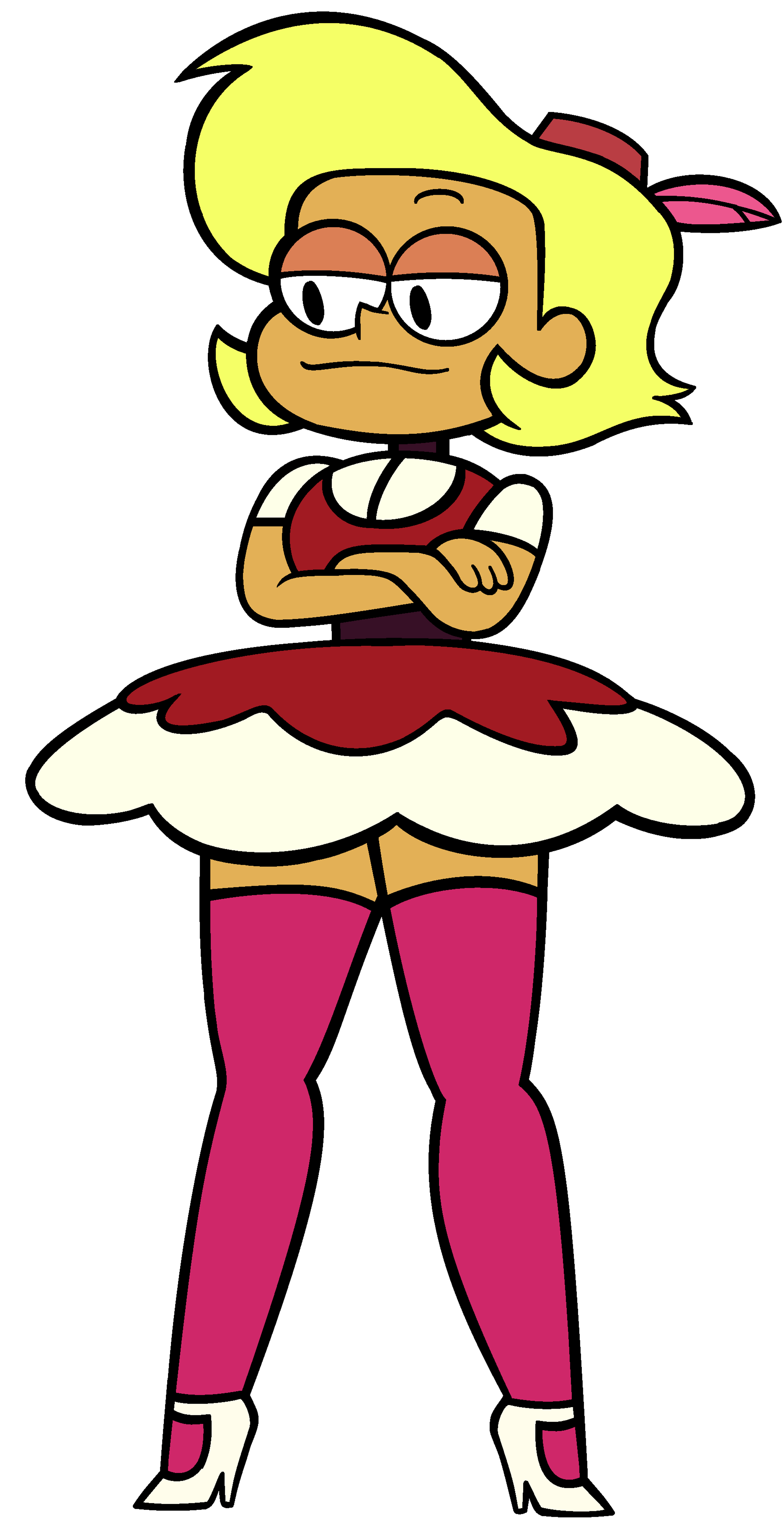 A cartoon character with yellow hair, glasses, and a red dress, looking confident and arrogant.