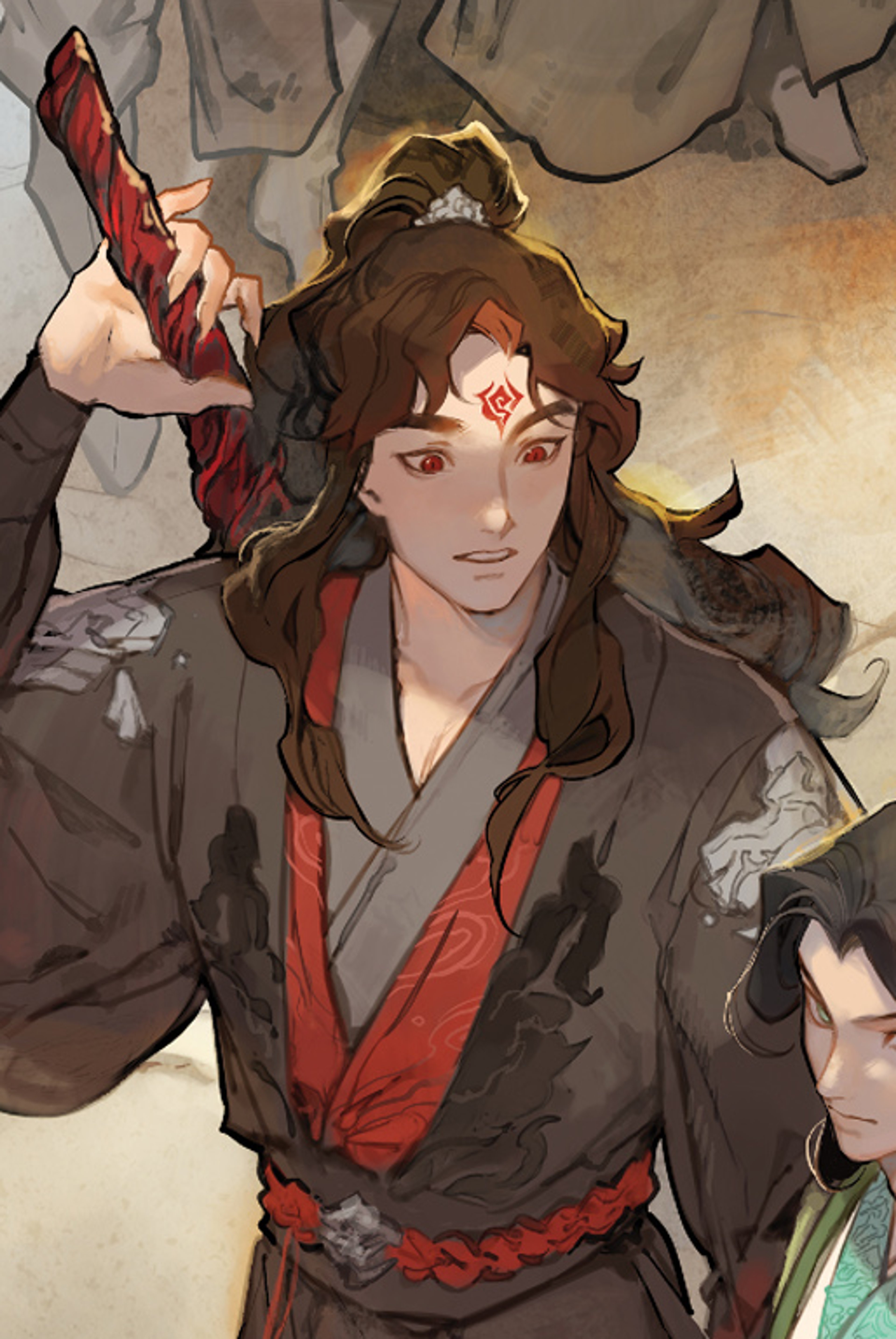 A detailed illustration of a young man with dark hair and eyes, wearing a red and black outfit.