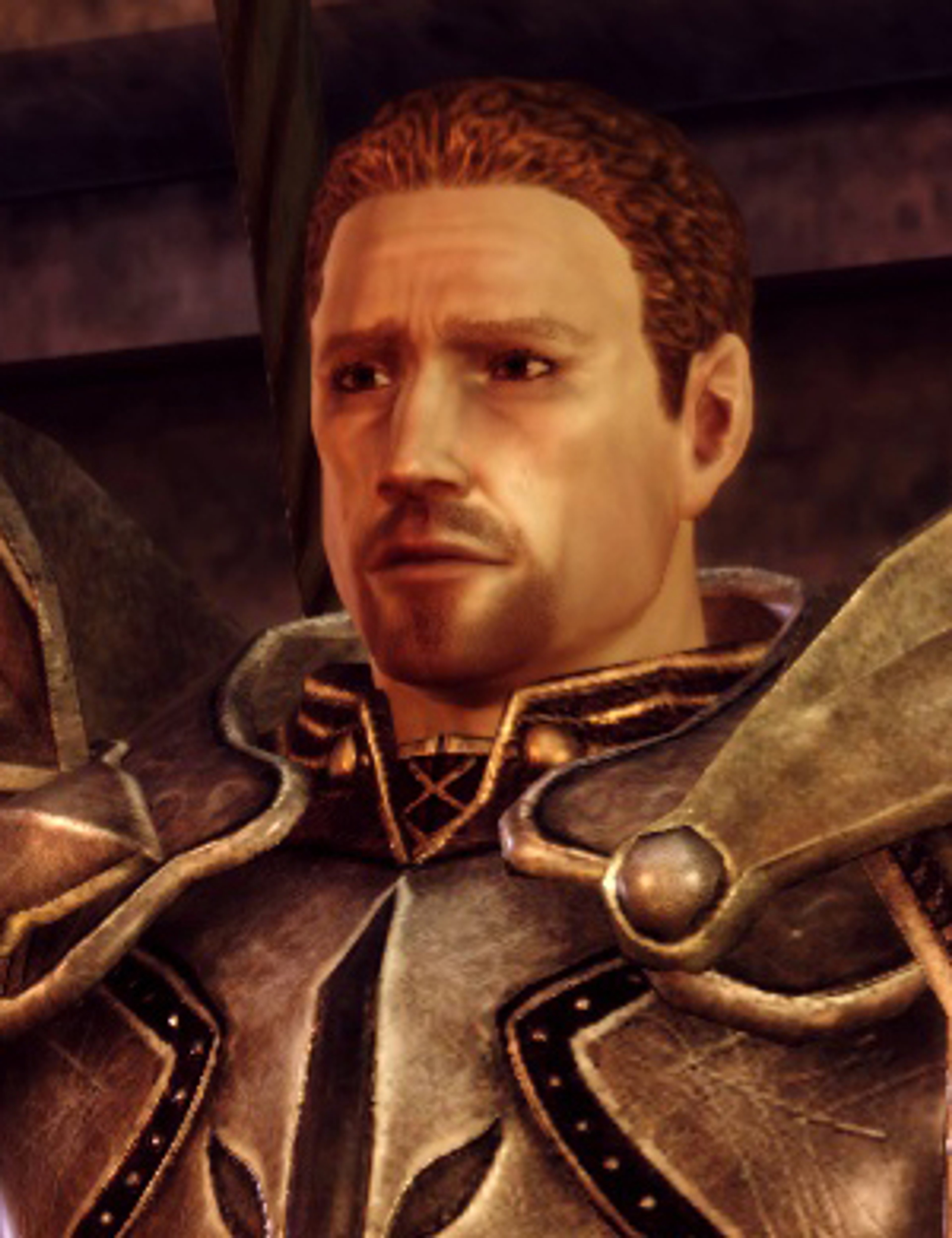 A male character in dark, ornate armor with a serious expression