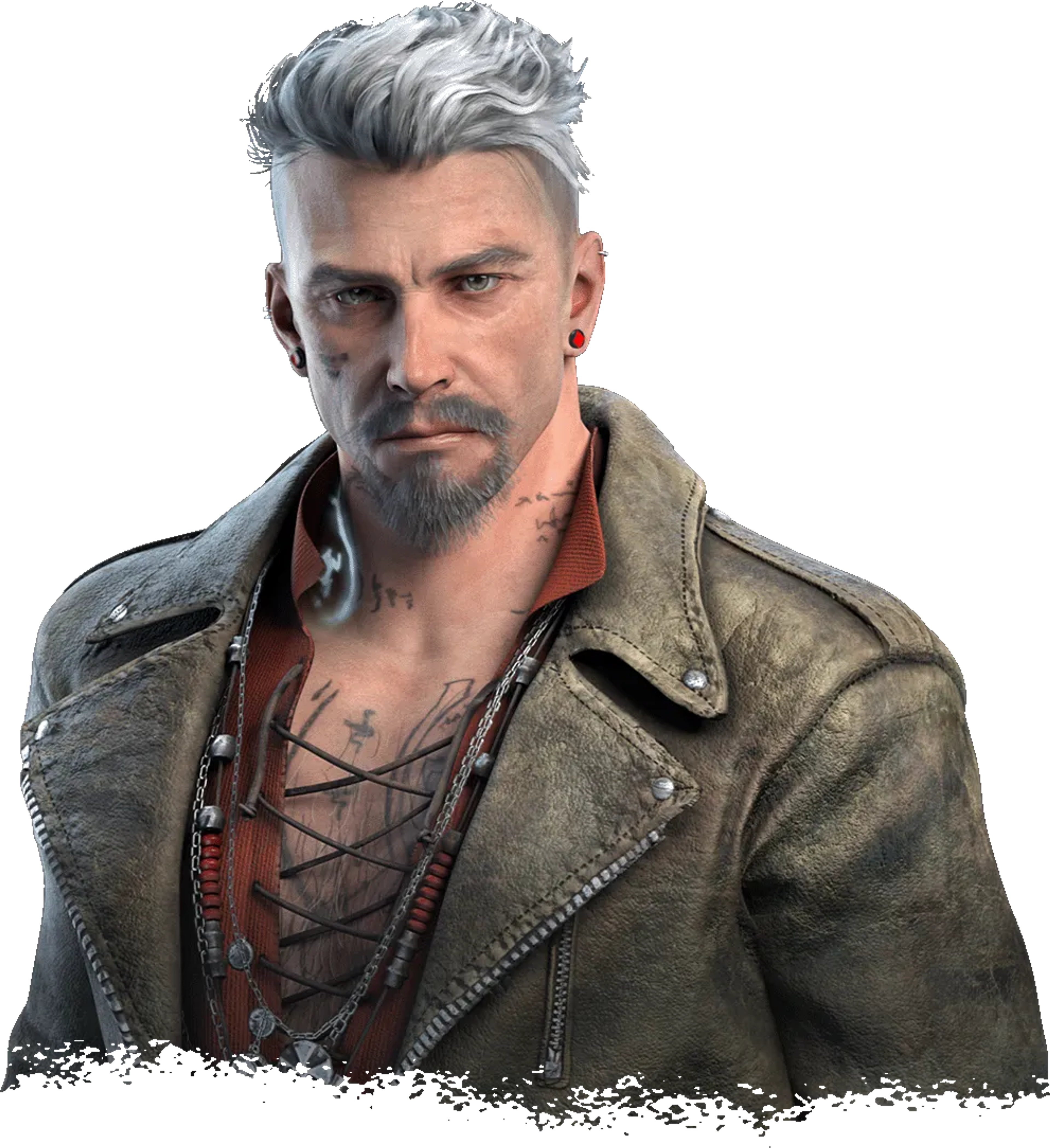 A man with gray hair and a beard wearing a leather jacket in a dimly lit industrial setting.