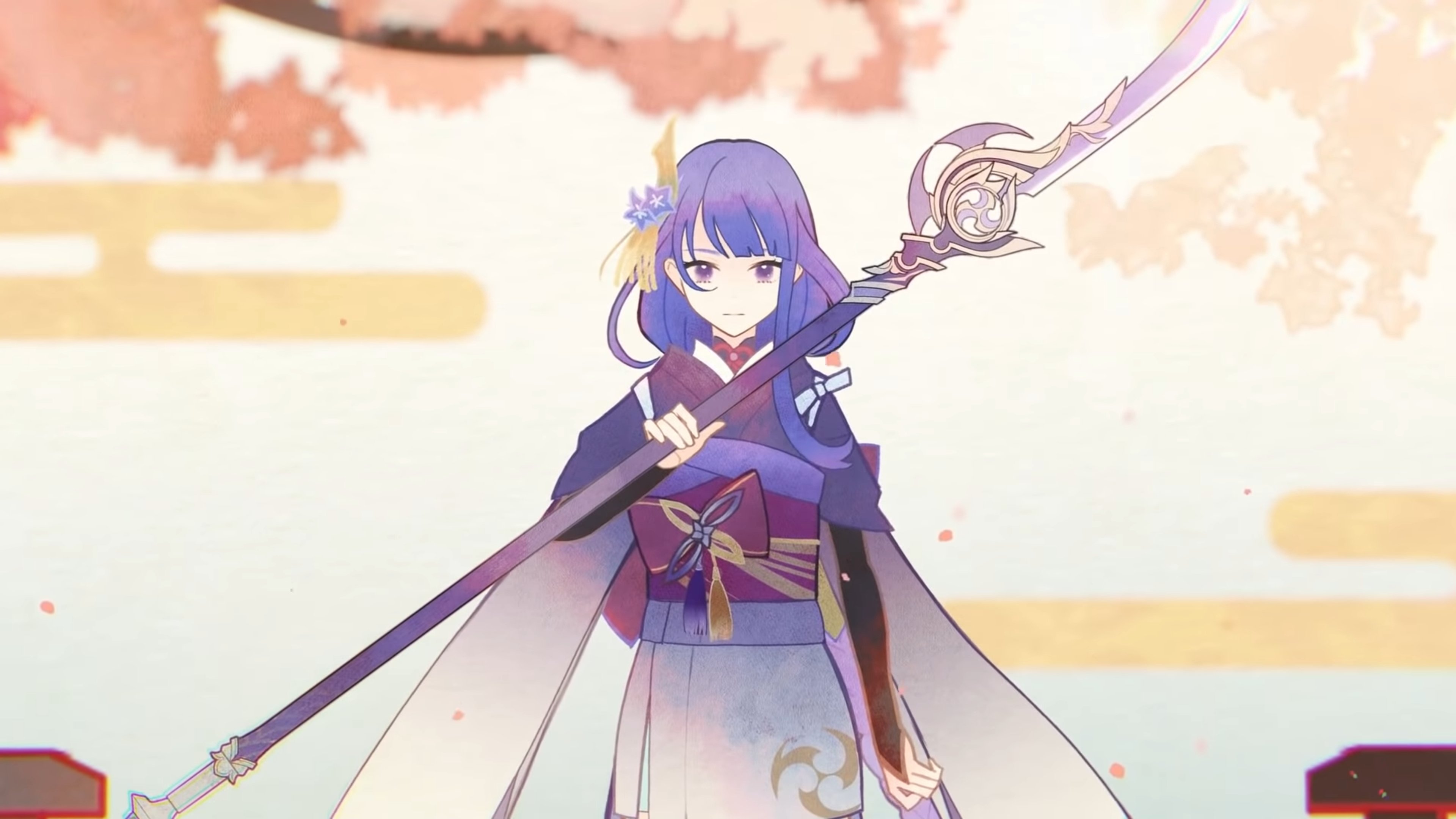 An anime-style female character with purple hair, wearing a traditional Japanese outfit and holding a katana sword.