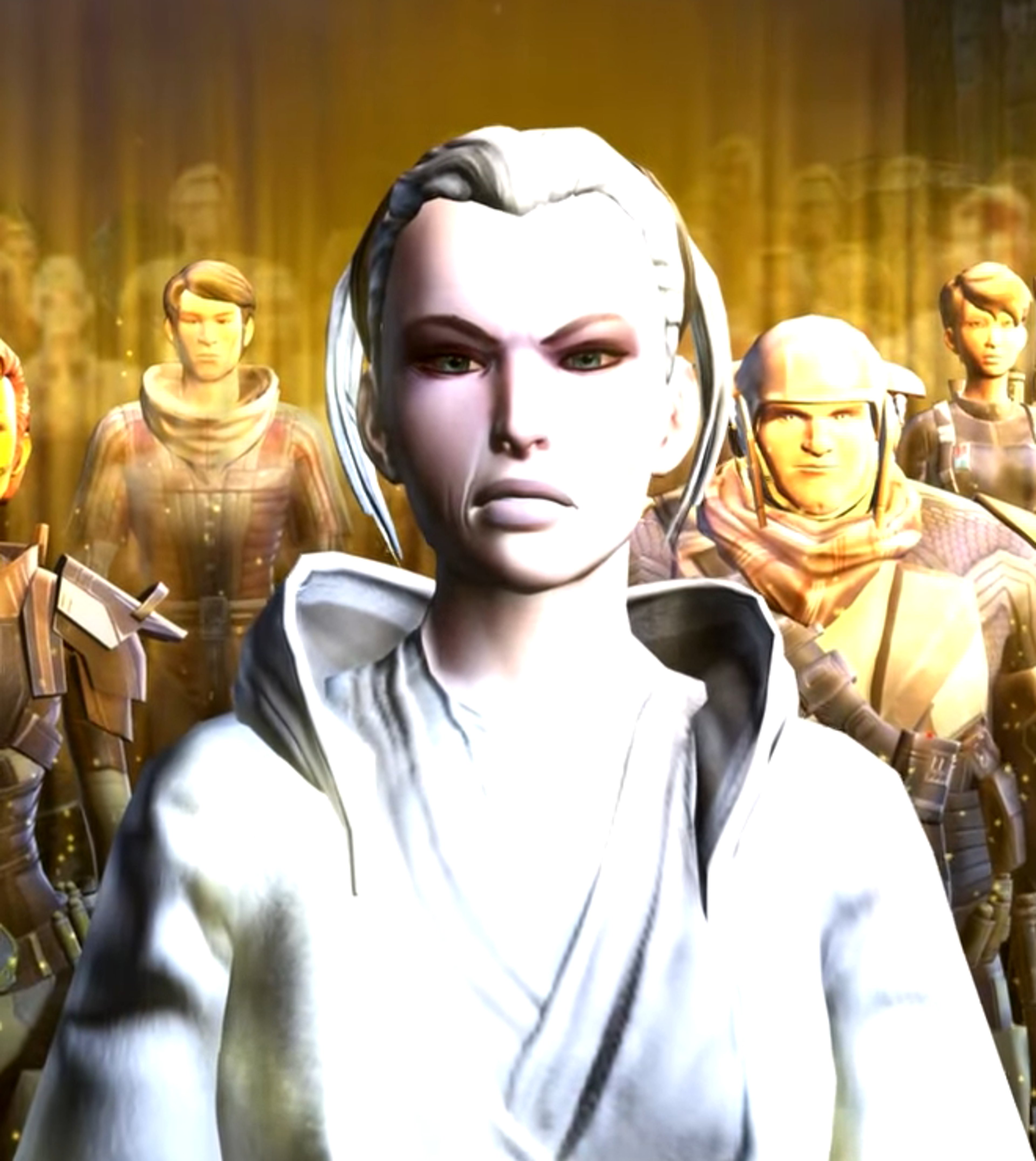 A female Jedi character with blonde hair and a serious expression, surrounded by other robed figures.