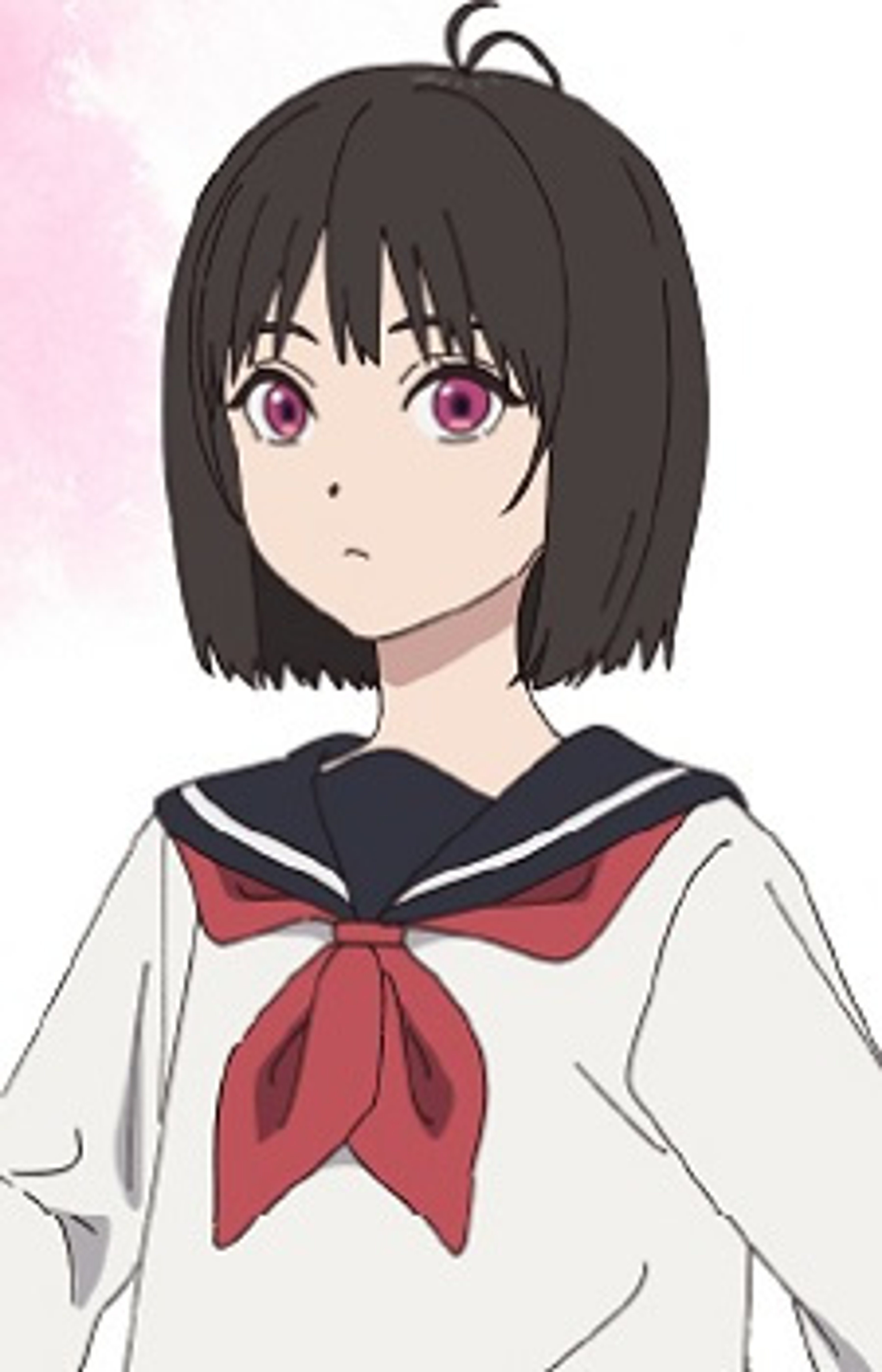An anime-style character with short dark hair and red eyes wearing a white school uniform with a red bow tie.