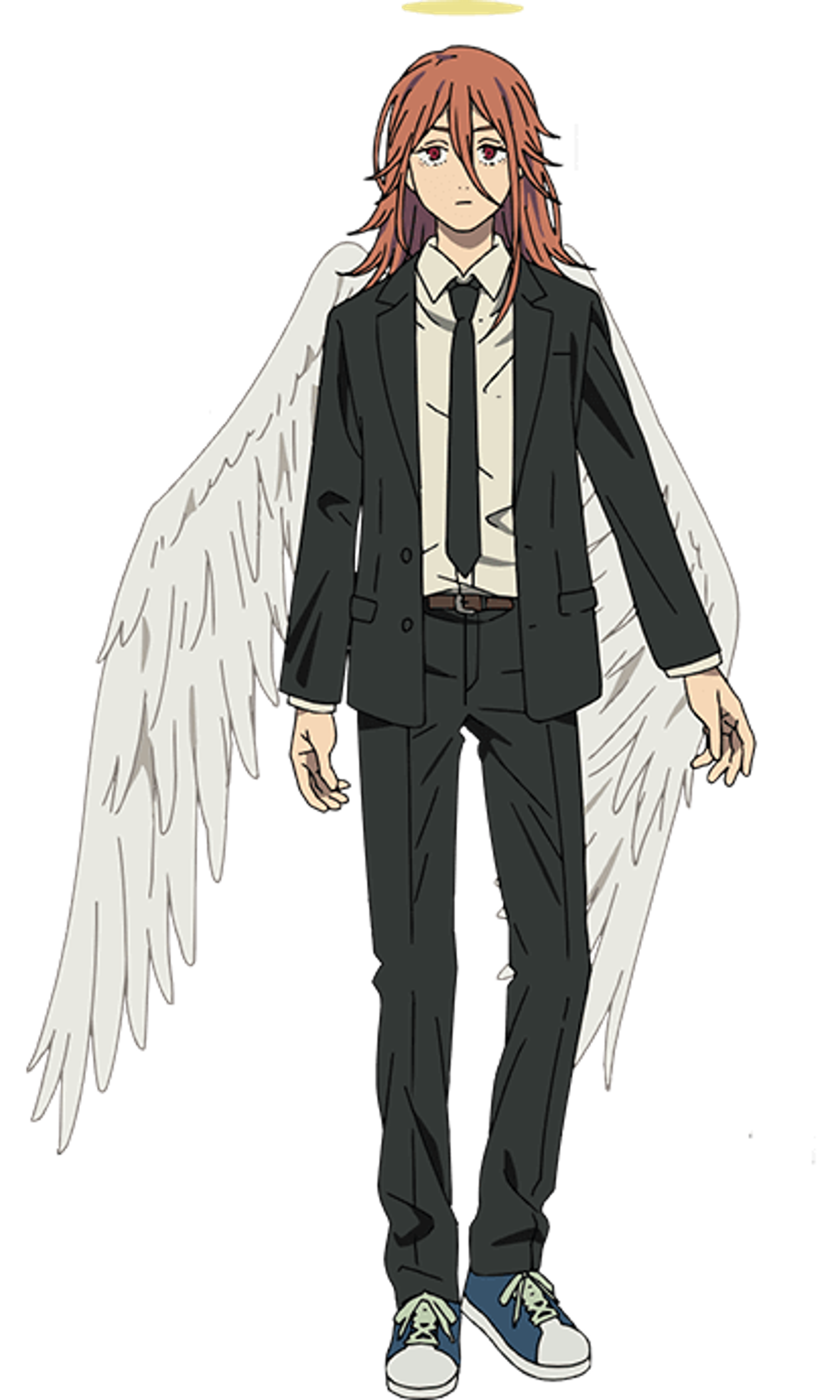 An anime-style character with reddish-brown hair and white wings, wearing a black suit with a tie.