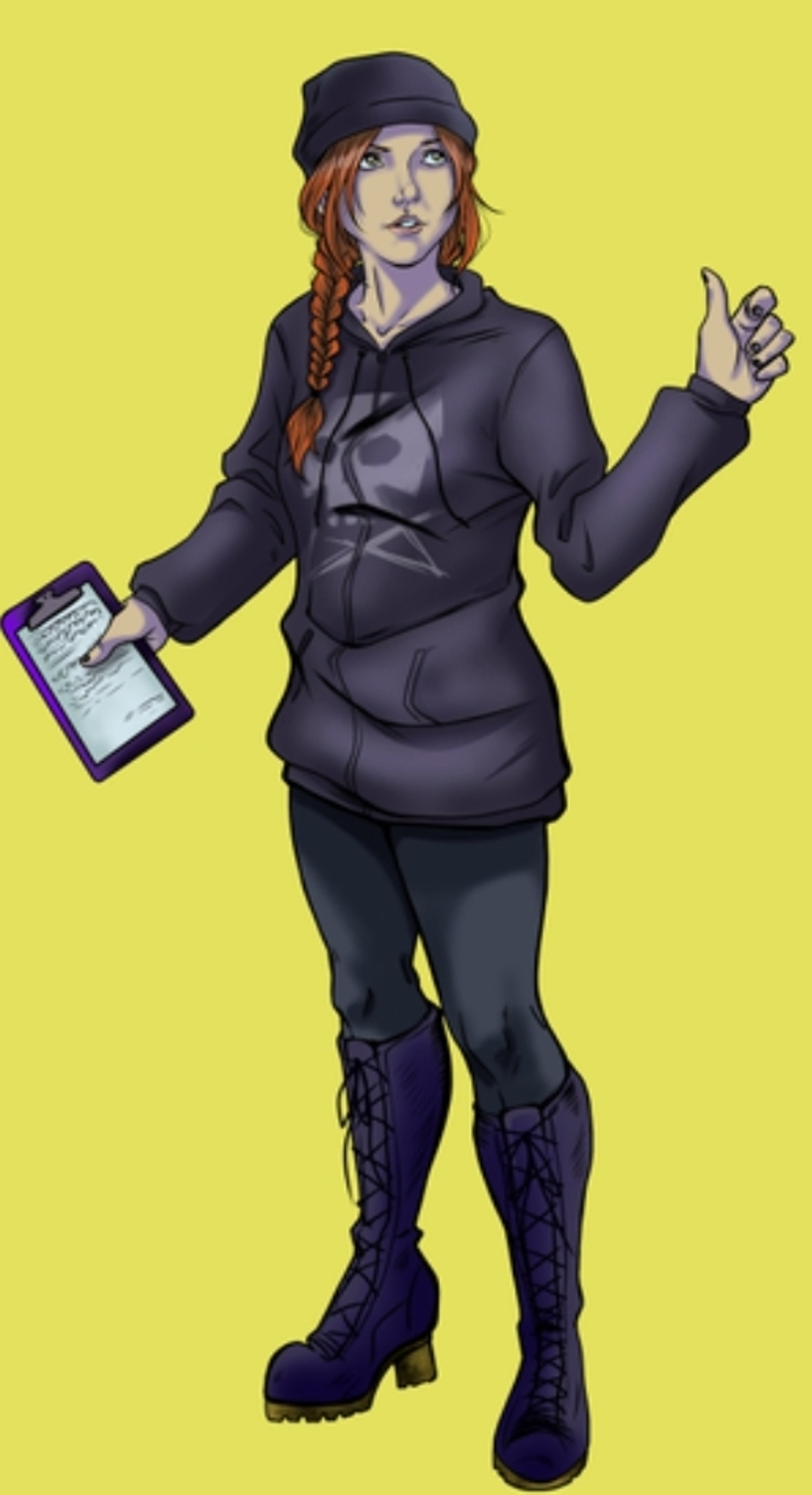 A young woman with red braided hair wearing a black hooded jacket and pants, holding a tablet device.