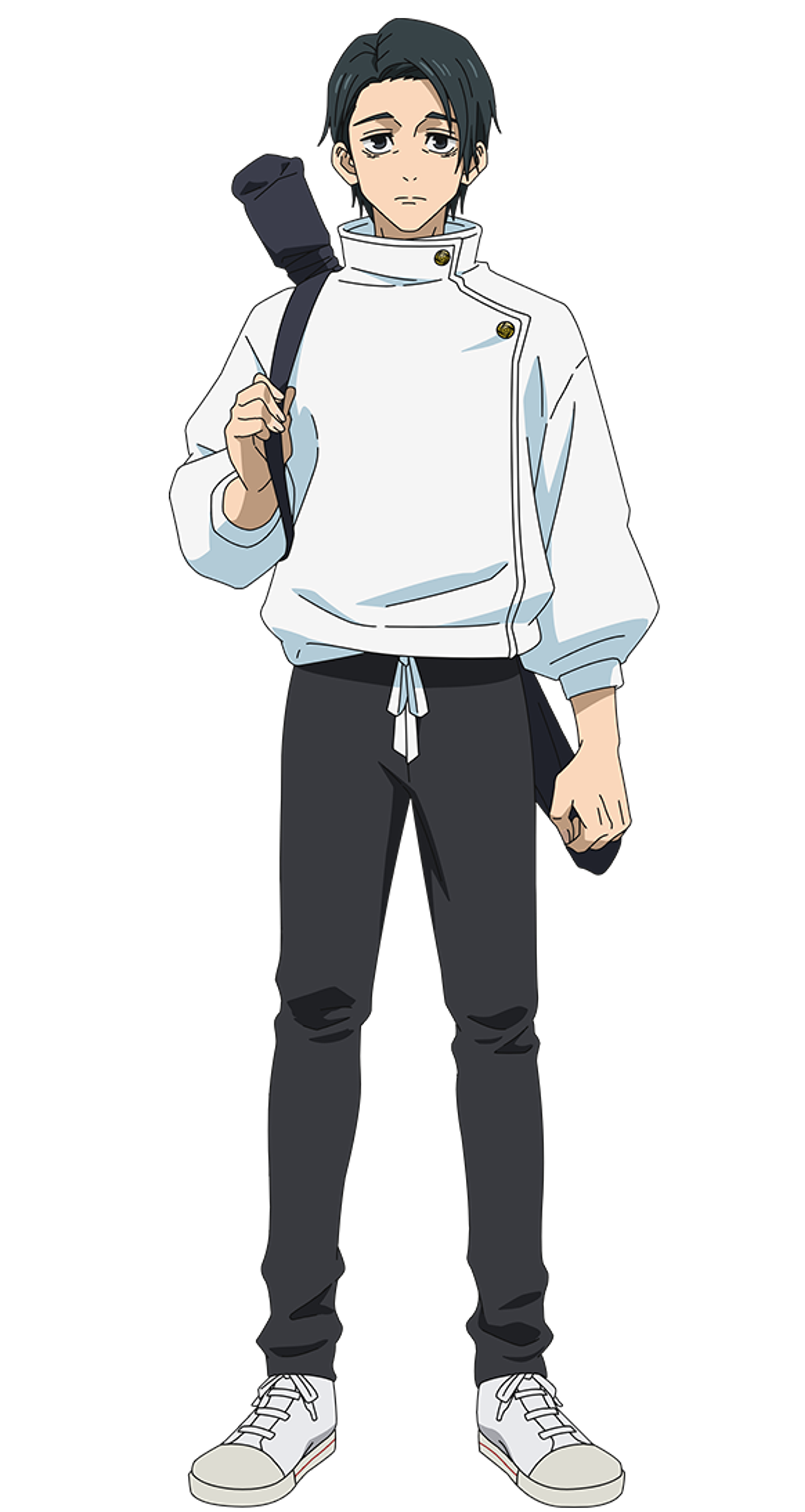 A young male Jujutsu sorcerer with dark hair and blue eyes, wearing a white hooded sweatshirt and black pants.