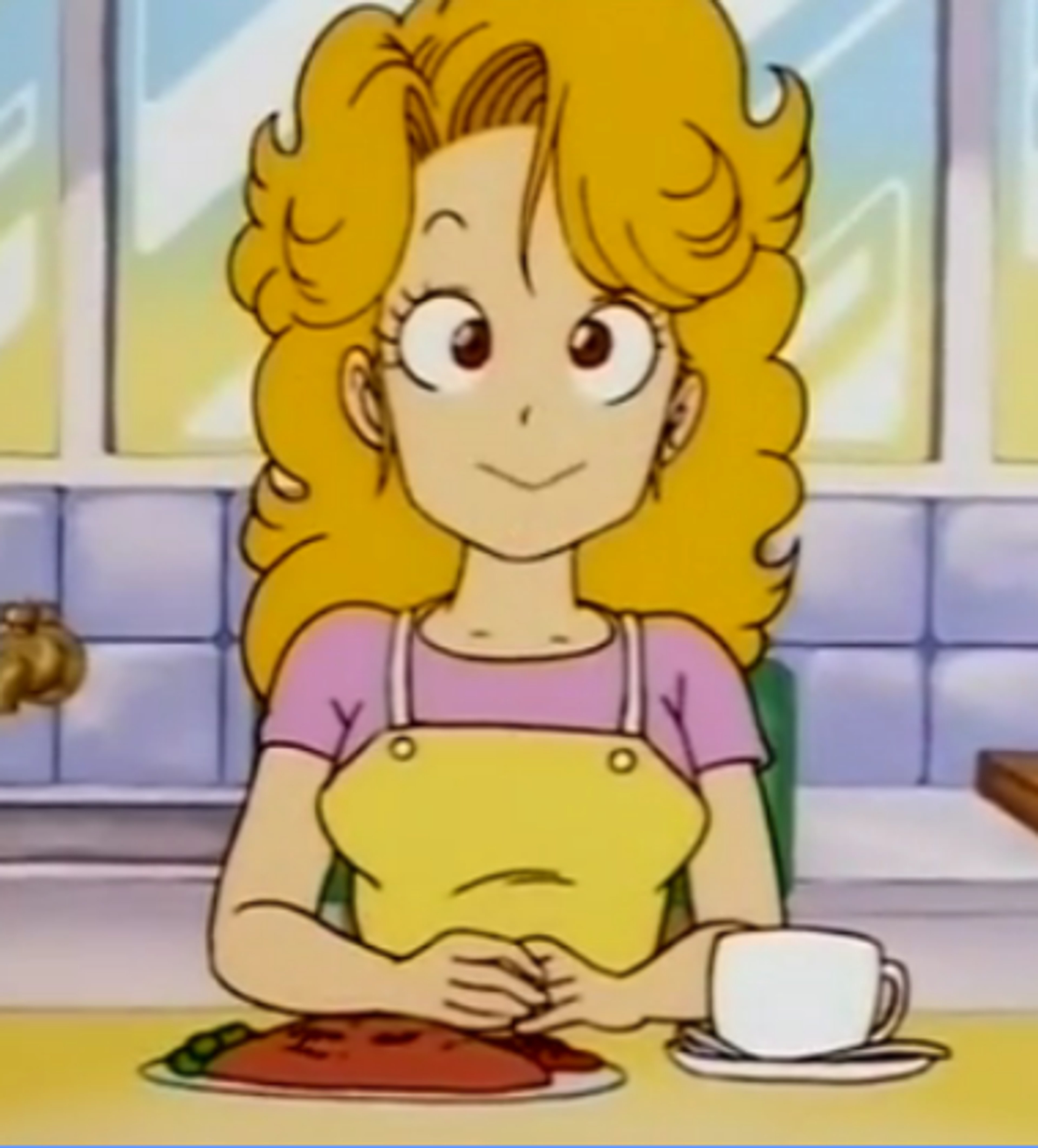 An animated middle-aged female character with curly blonde hair, wearing a pink dress and sitting at a table with a cup of tea.