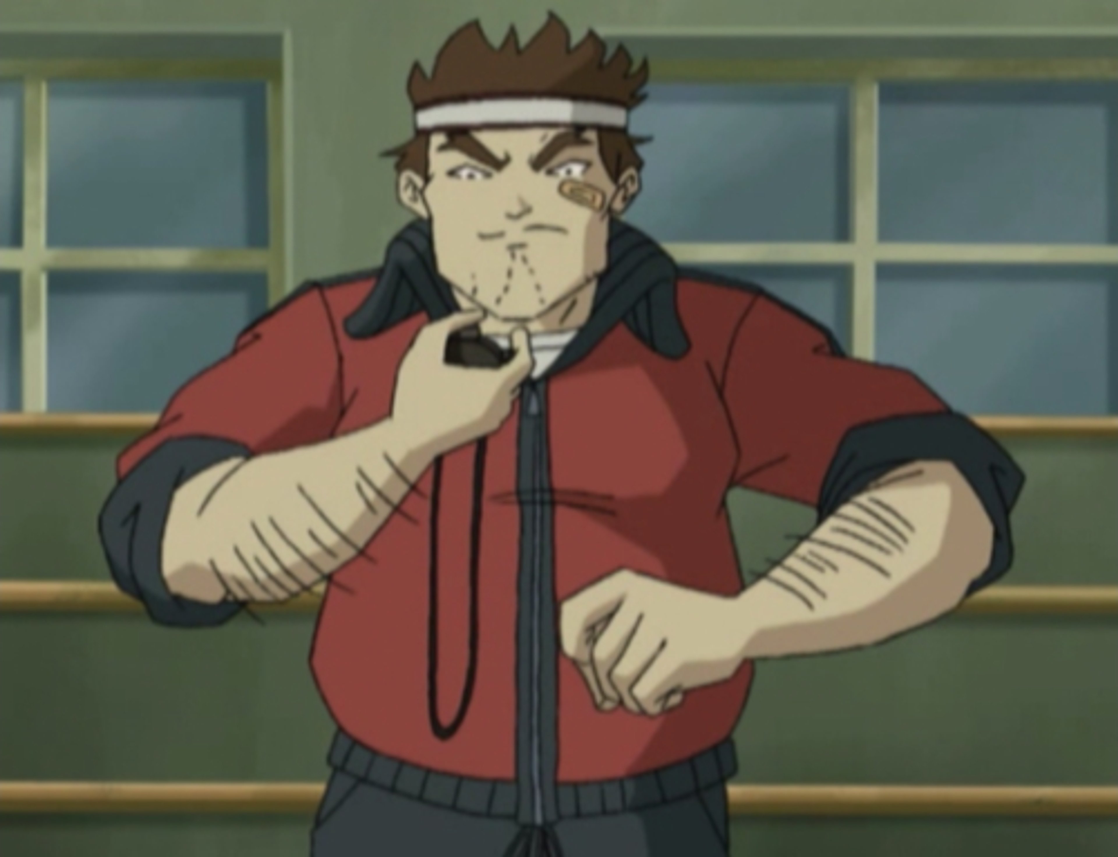 Middle-aged PE teacher in red tracksuit with headband