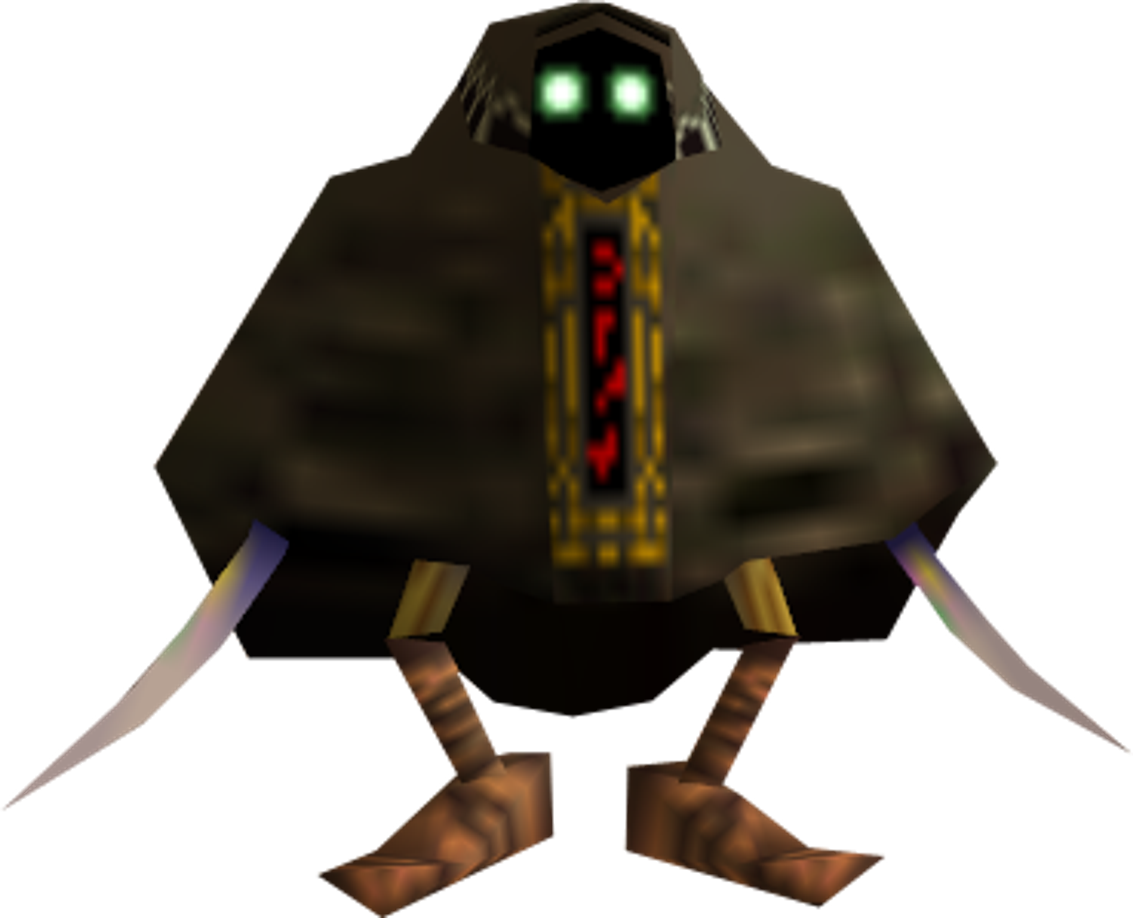 A cloaked figure with piercing yellow eyes, carrying dual blades