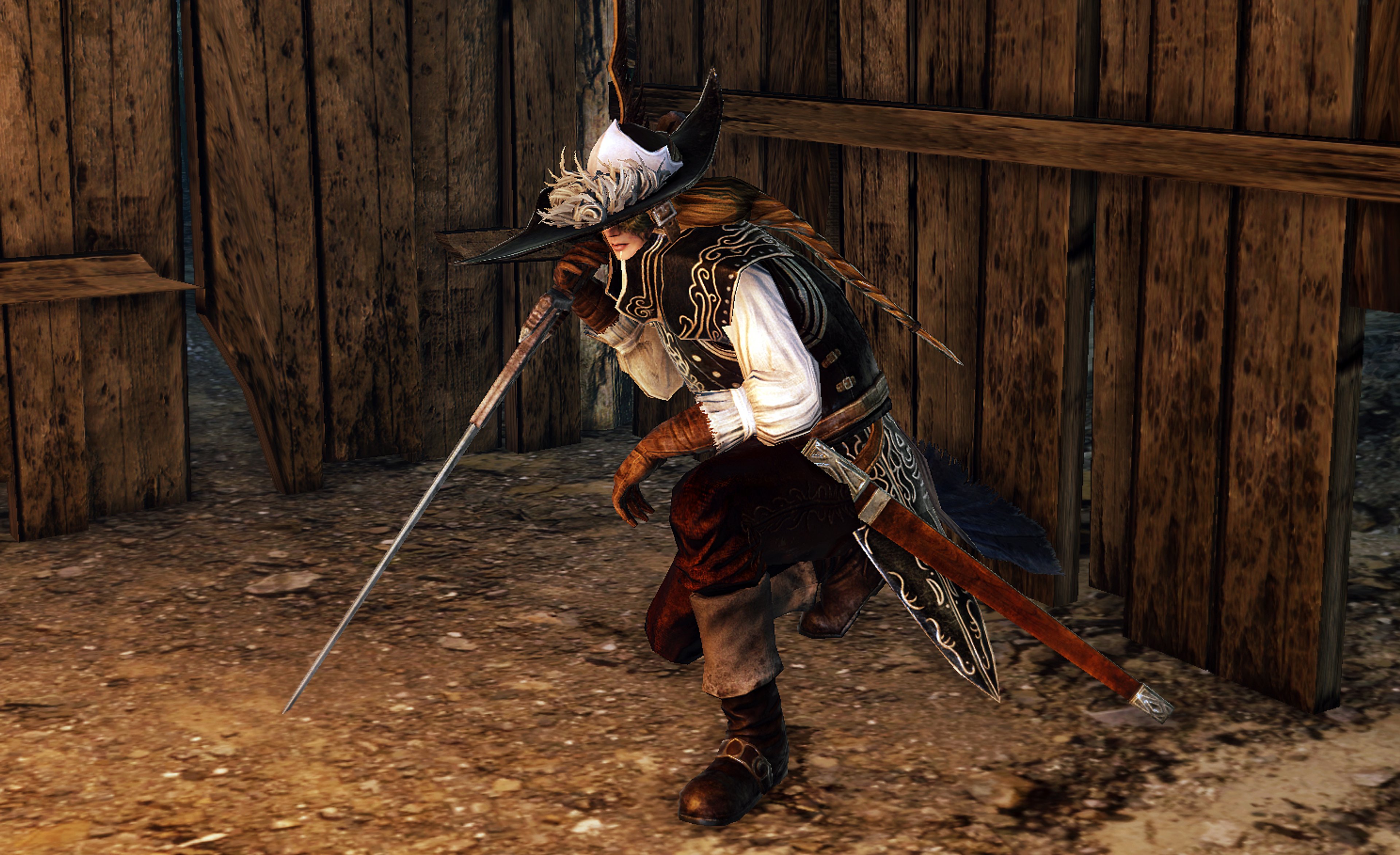 A heavily armored medieval warrior with a partially hollowed, masked face, wielding a greatsword and shield in a dimly lit, wooden environment.