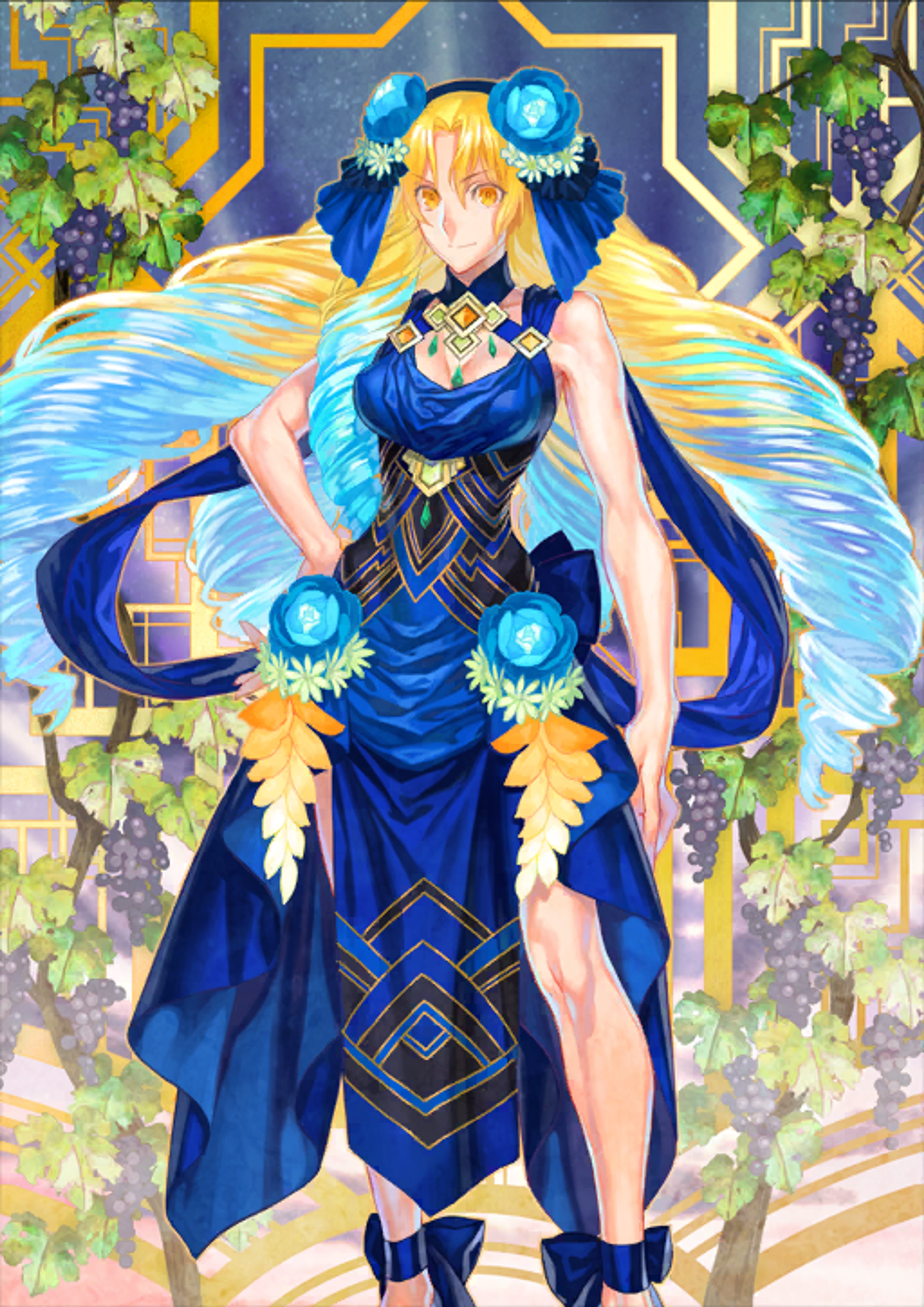 A powerful, divine-looking woman in an elegant blue and gold outfit, surrounded by glowing orbs and floral elements.