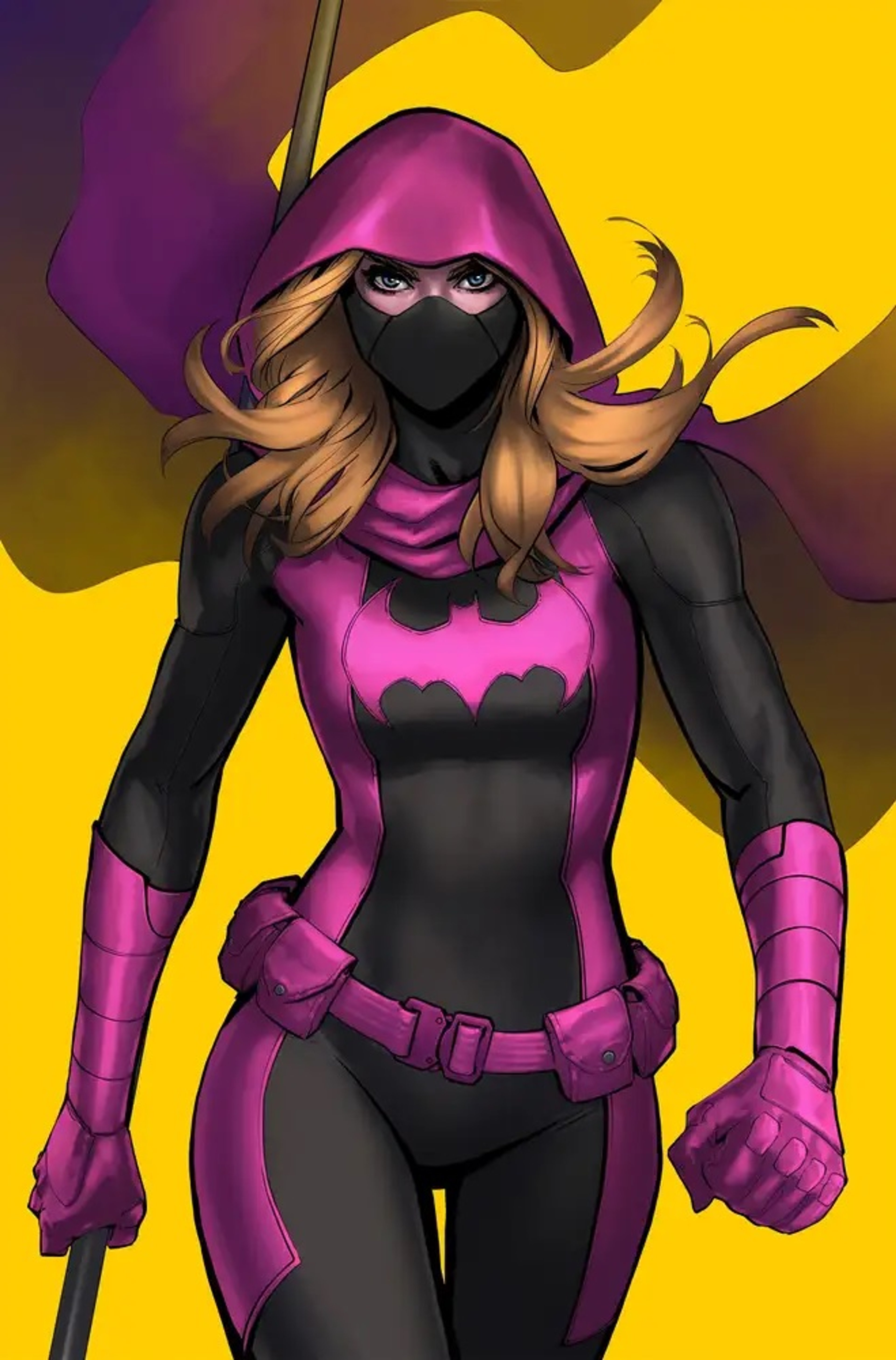 A female superhero character in a black and pink costume with a bat symbol on the chest