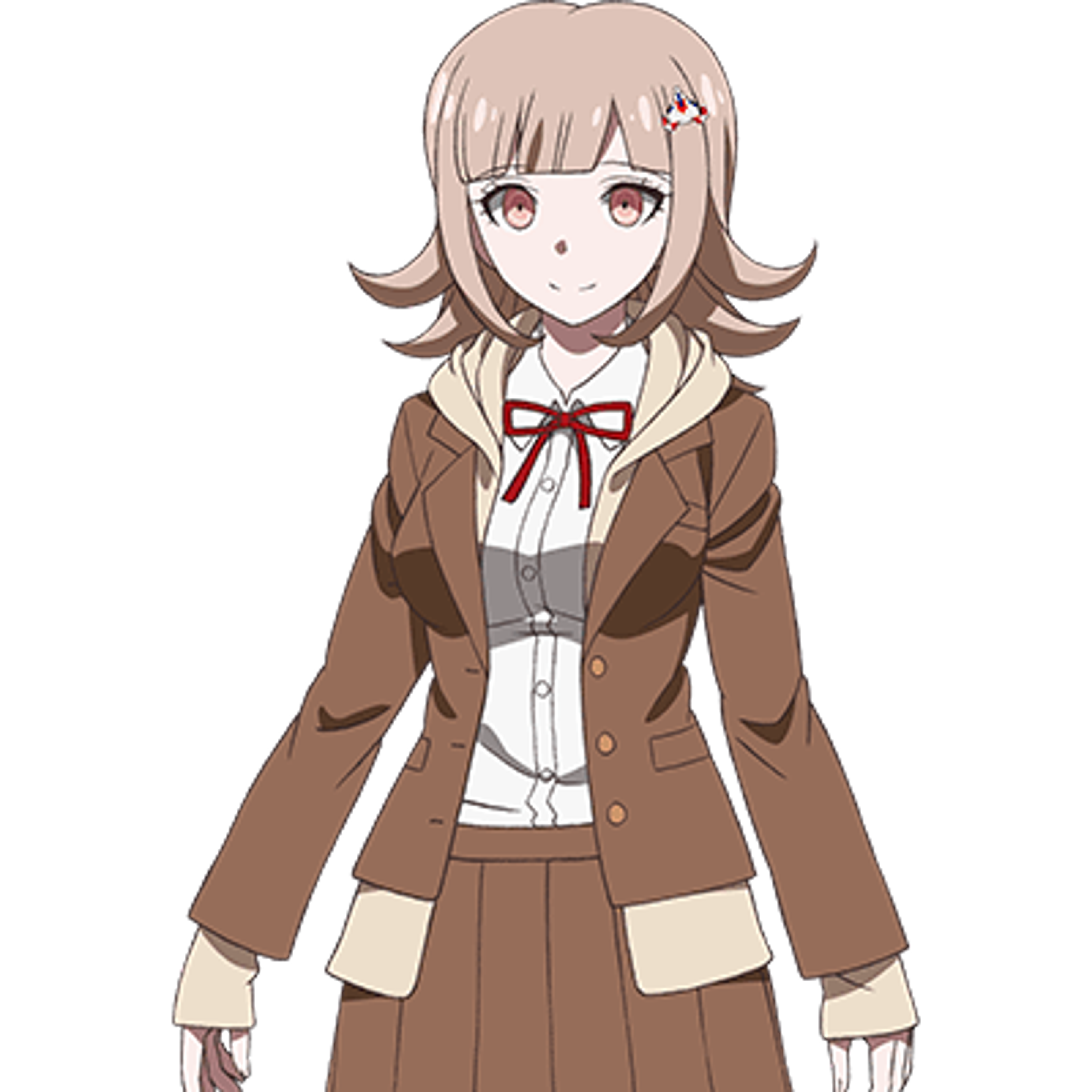 An anime-style character with short, light-colored hair wearing a brown jacket and white shirt with a red bow tie.