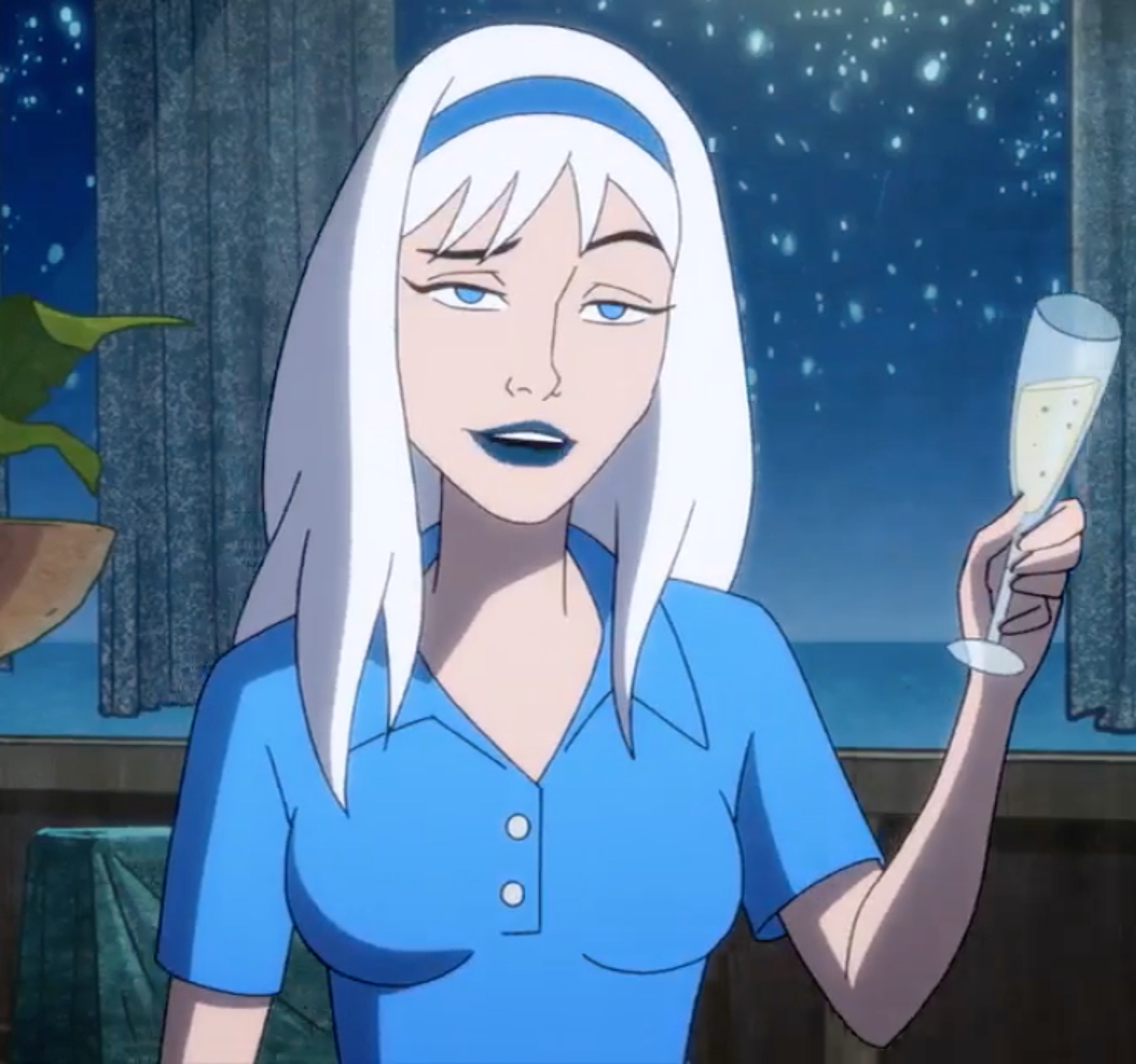 A woman with pale skin, white hair, and a blue dress standing in a nighttime setting