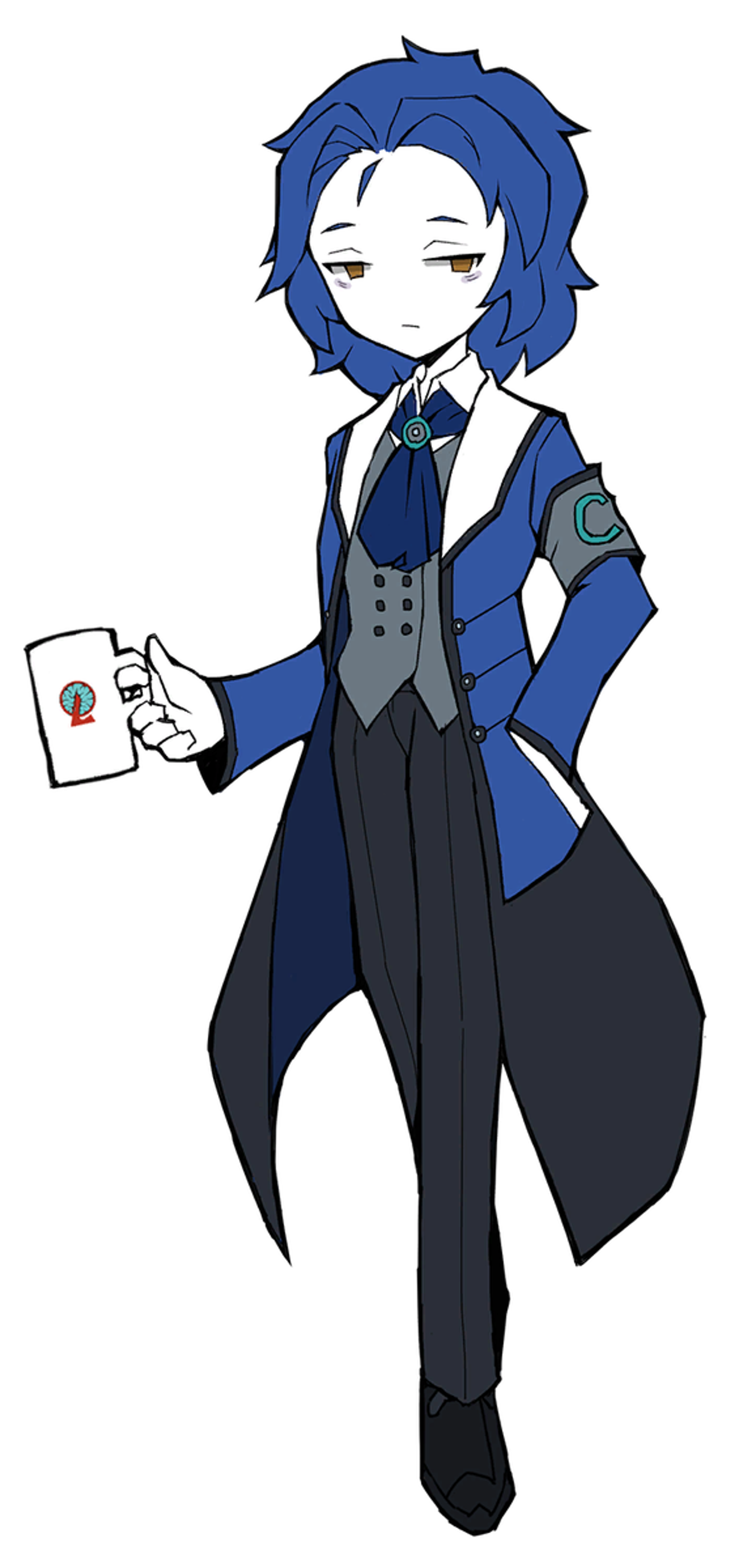 A character with blue hair and a formal suit, holding a coffee cup