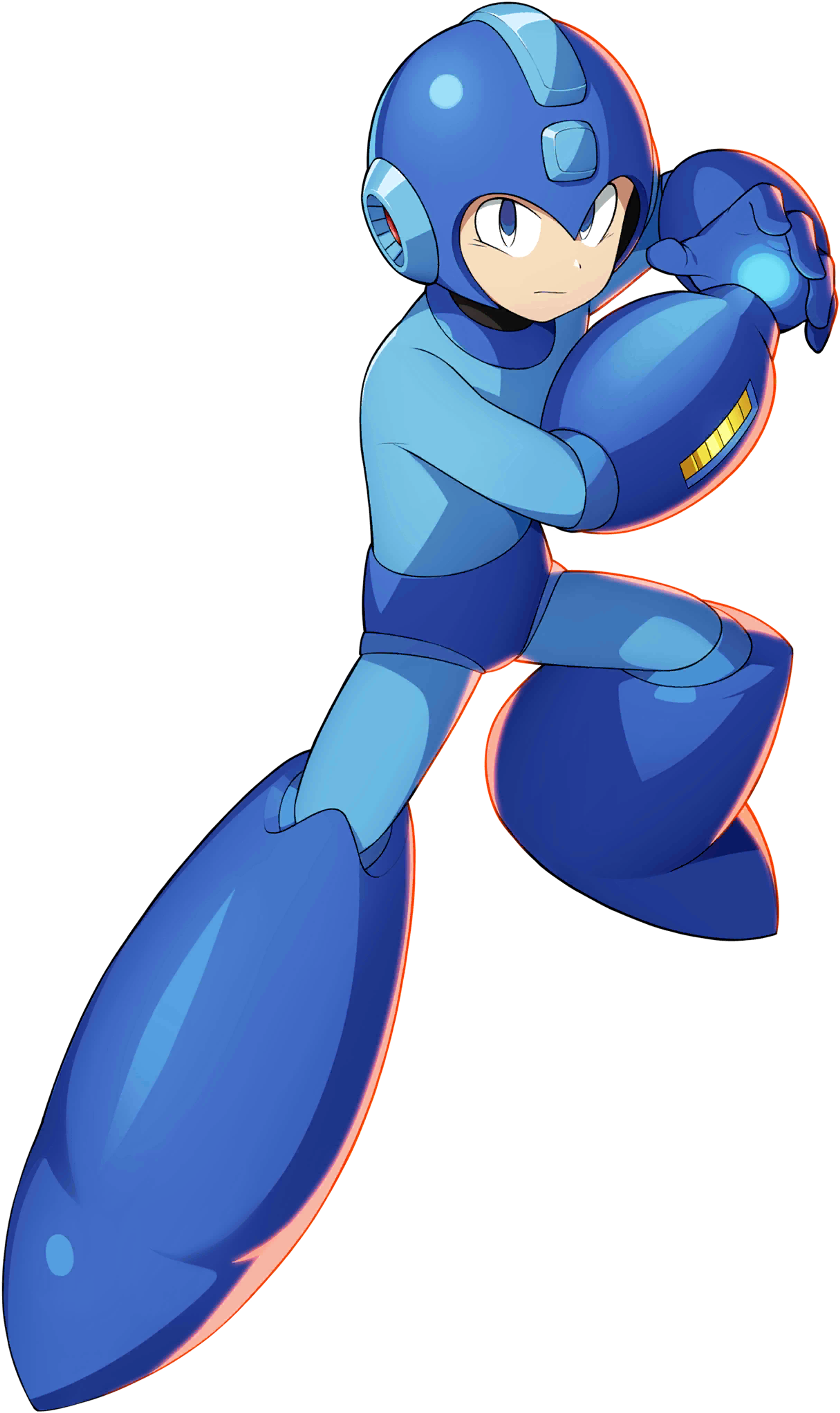 A blue robot character in a heroic pose, with a large cannon-like arm.