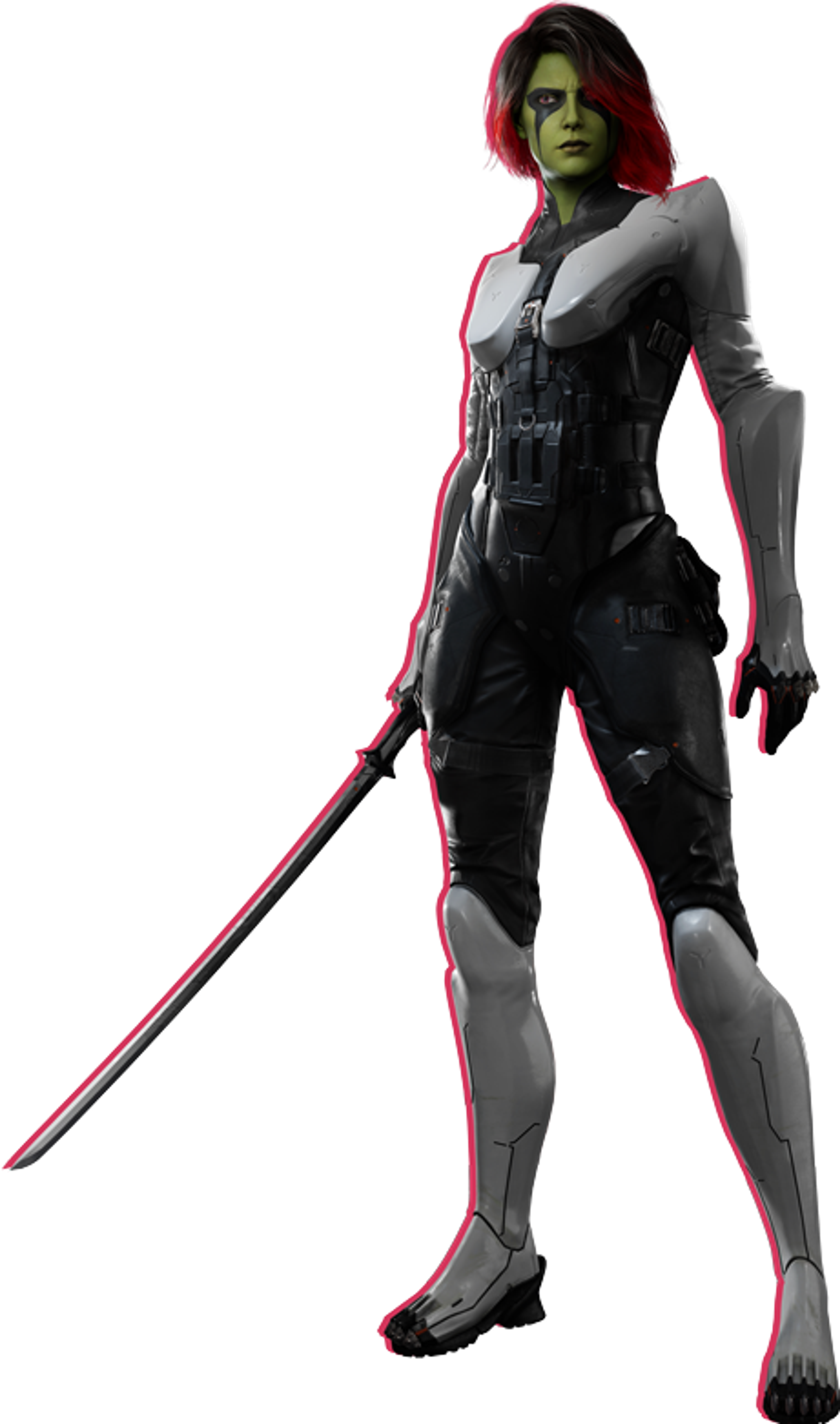 A green-skinned female character in a combat-ready pose, wearing a black bodysuit with red accents.