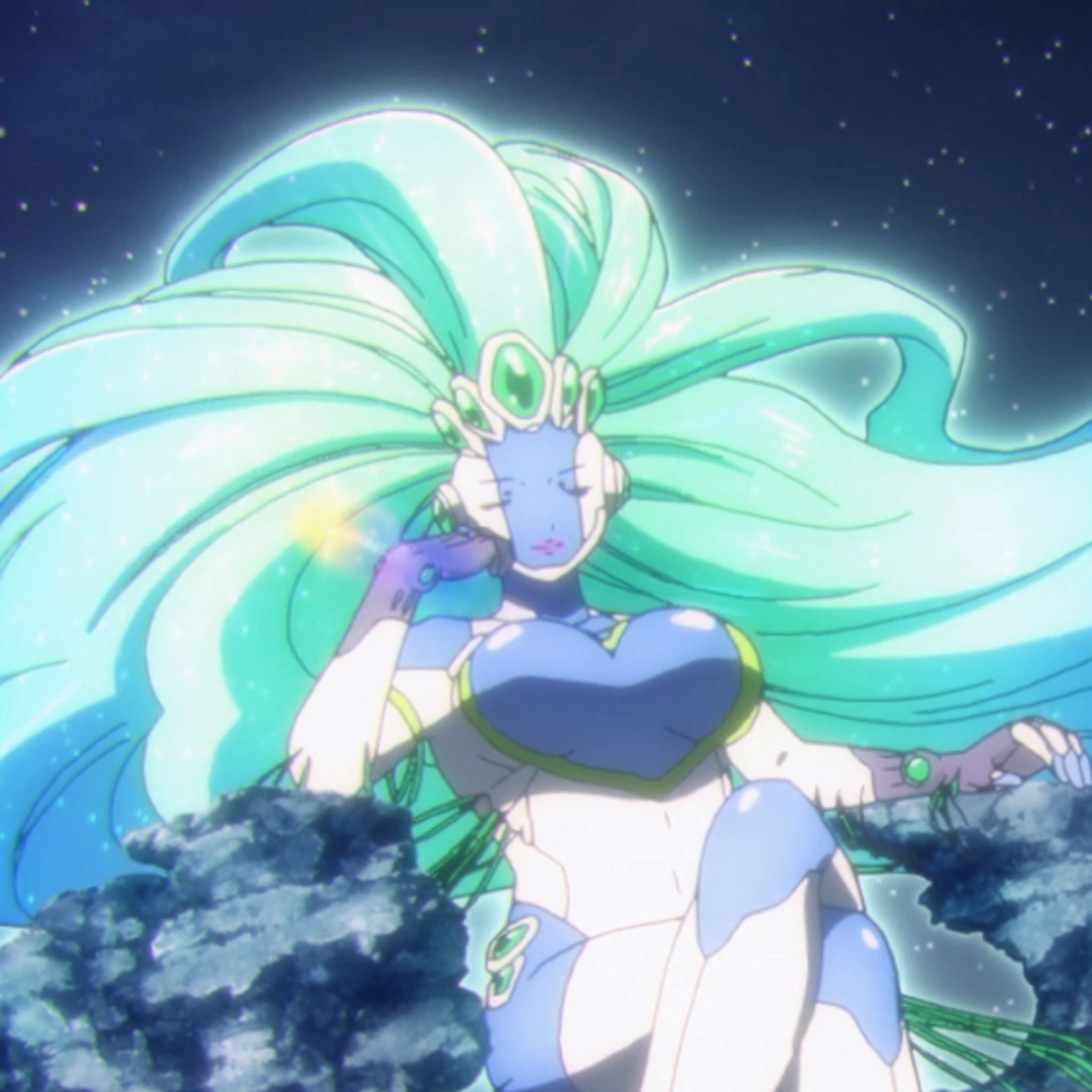 A colossal, robotic-looking woman with flowing cyan hair and five jewels on her crown, surrounded by a cosmic setting.