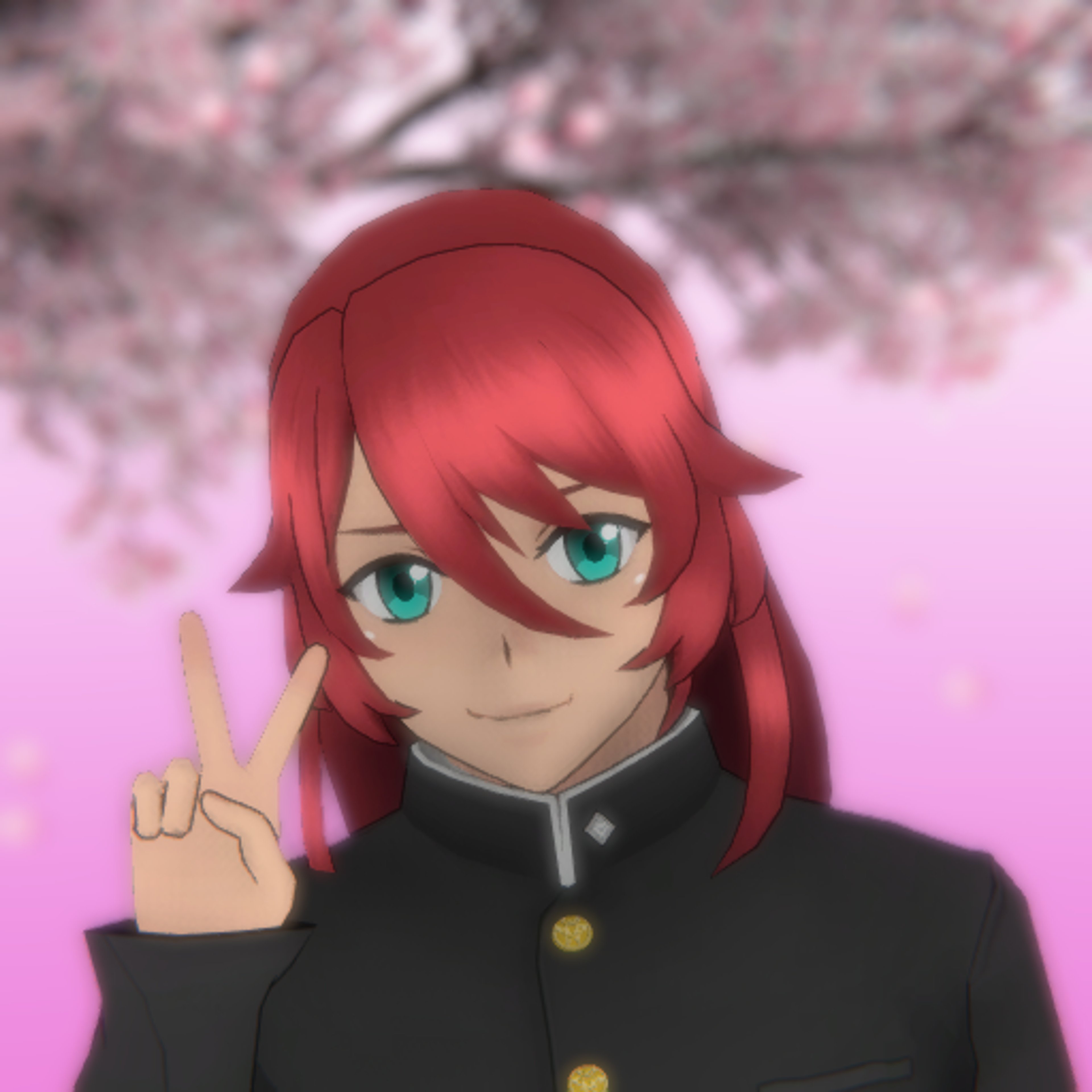 An anime-style character with crimson hair and green eyes wearing a school uniform