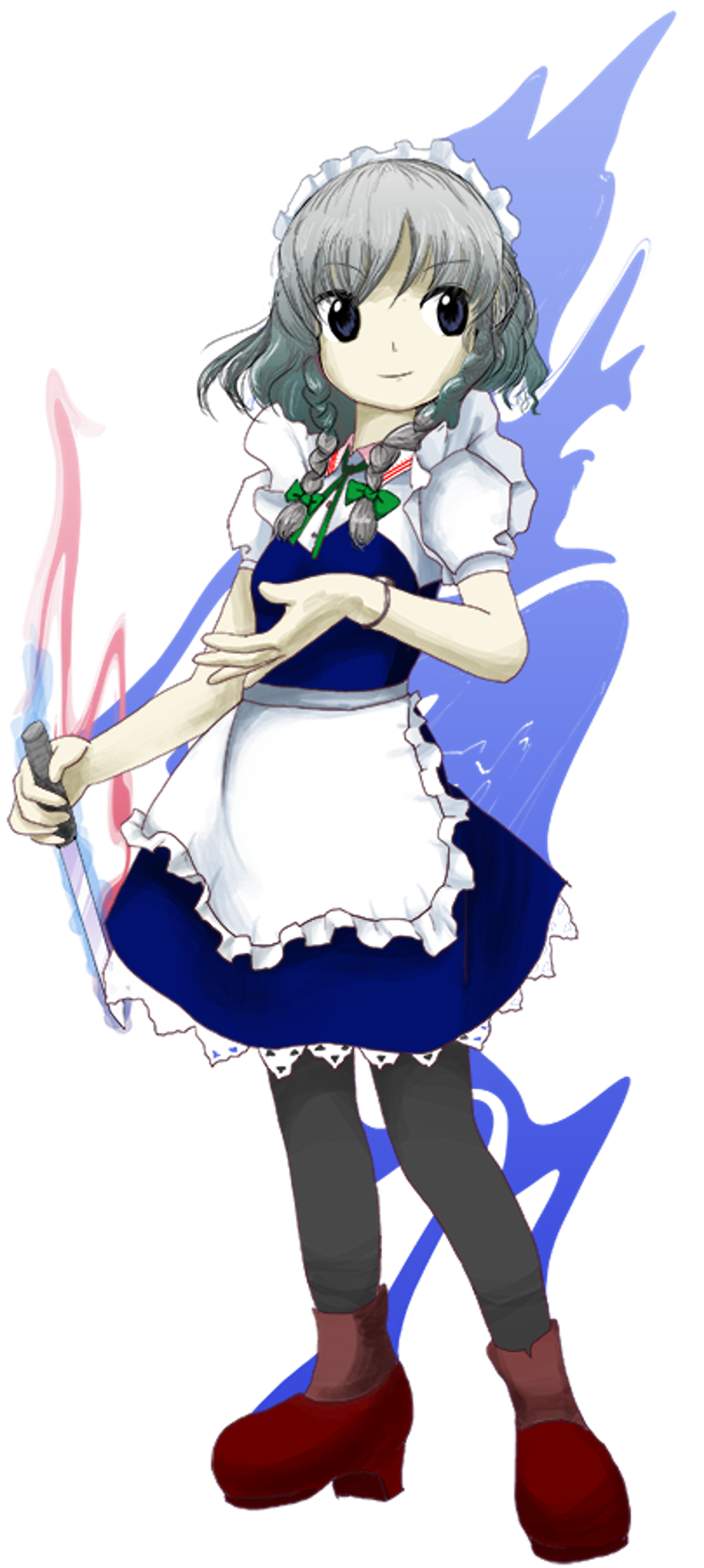 An anime-style maid character with grey hair and a blue dress