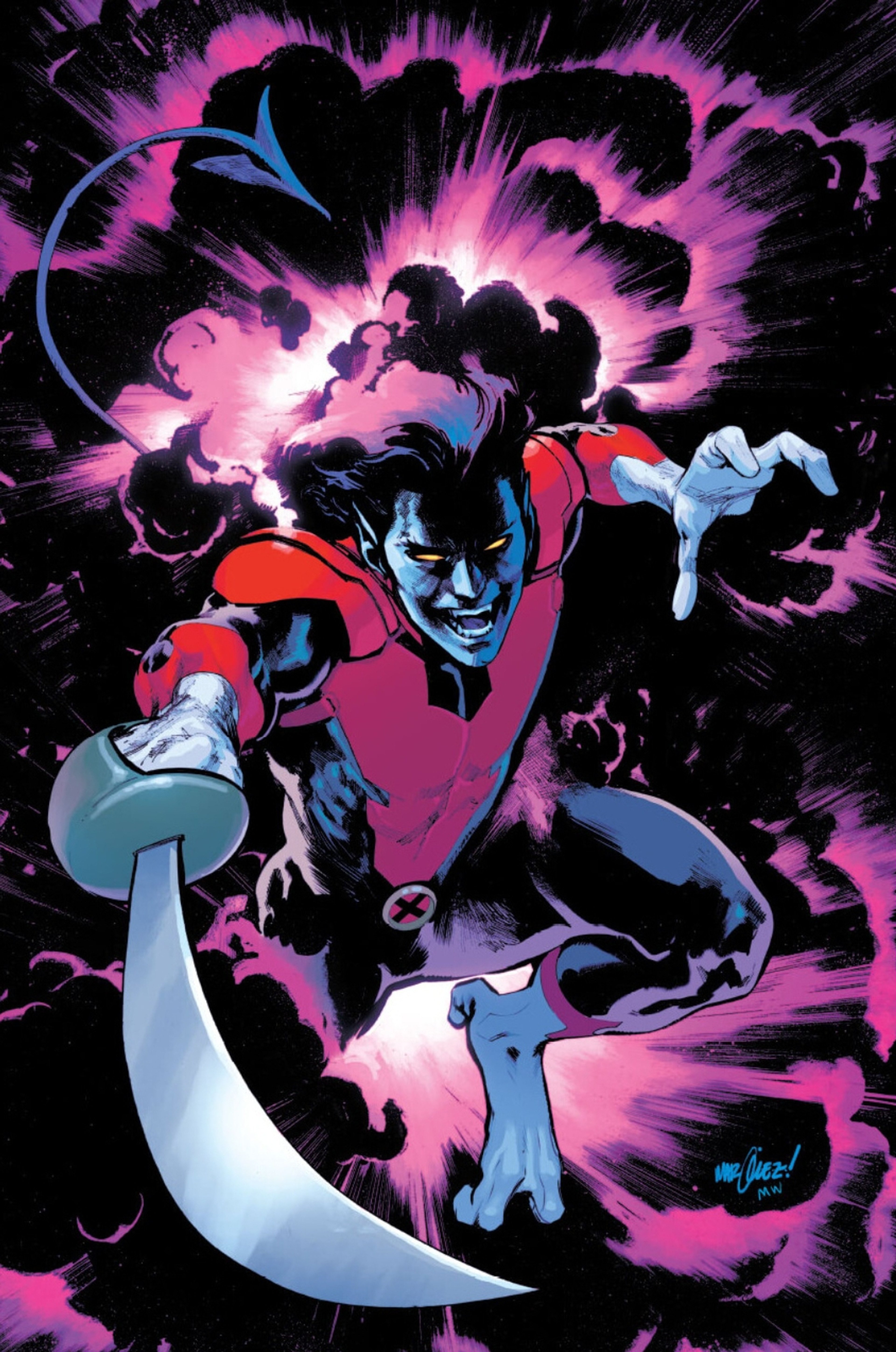 Nightcrawler, a blue-furred mutant with a demonic appearance, teleporting in a puff of smoke against a swirling purple and pink energy field.