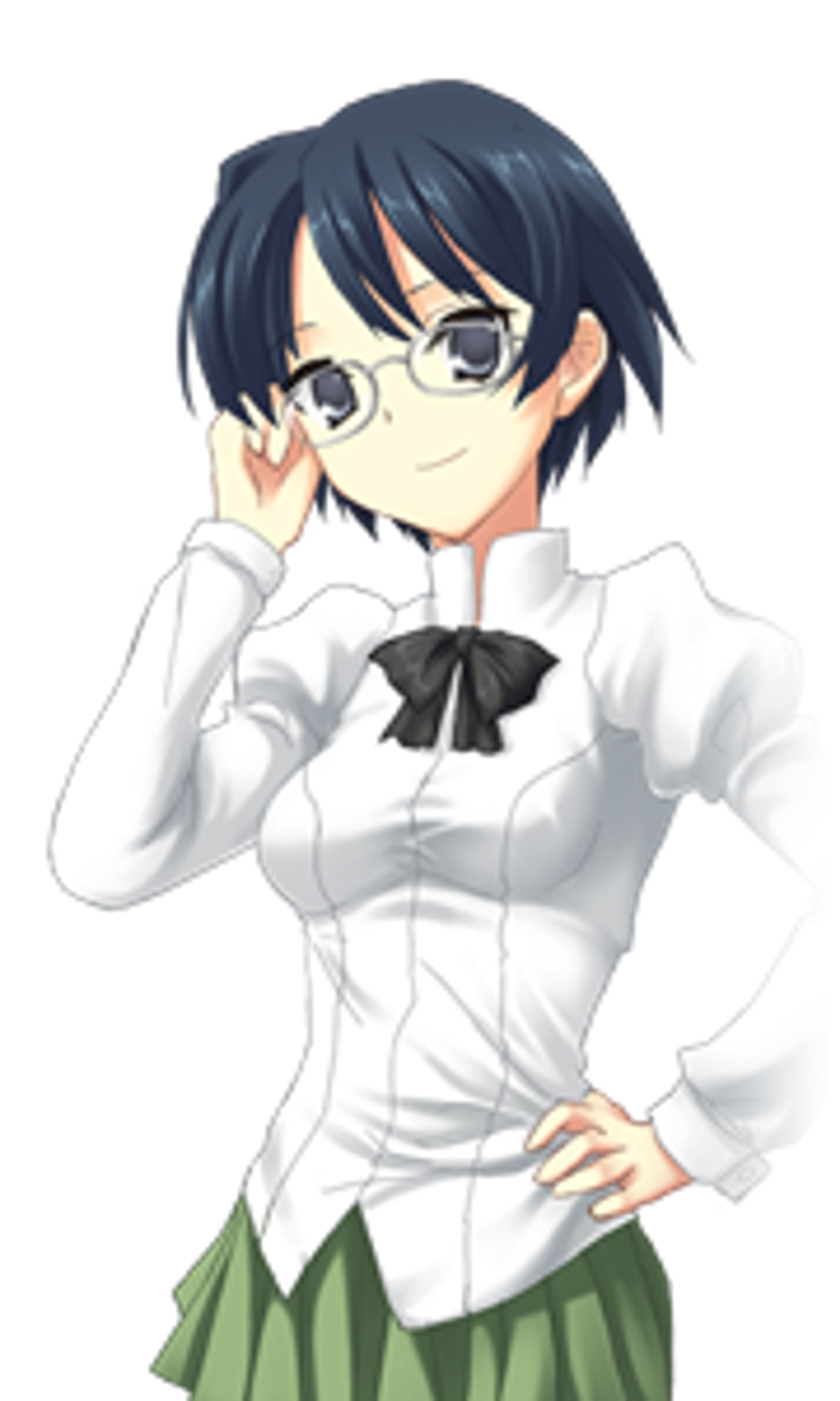 An anime-style character with dark blue hair and blue eyes, wearing a white blouse and green skirt, posing with one hand on their chin.