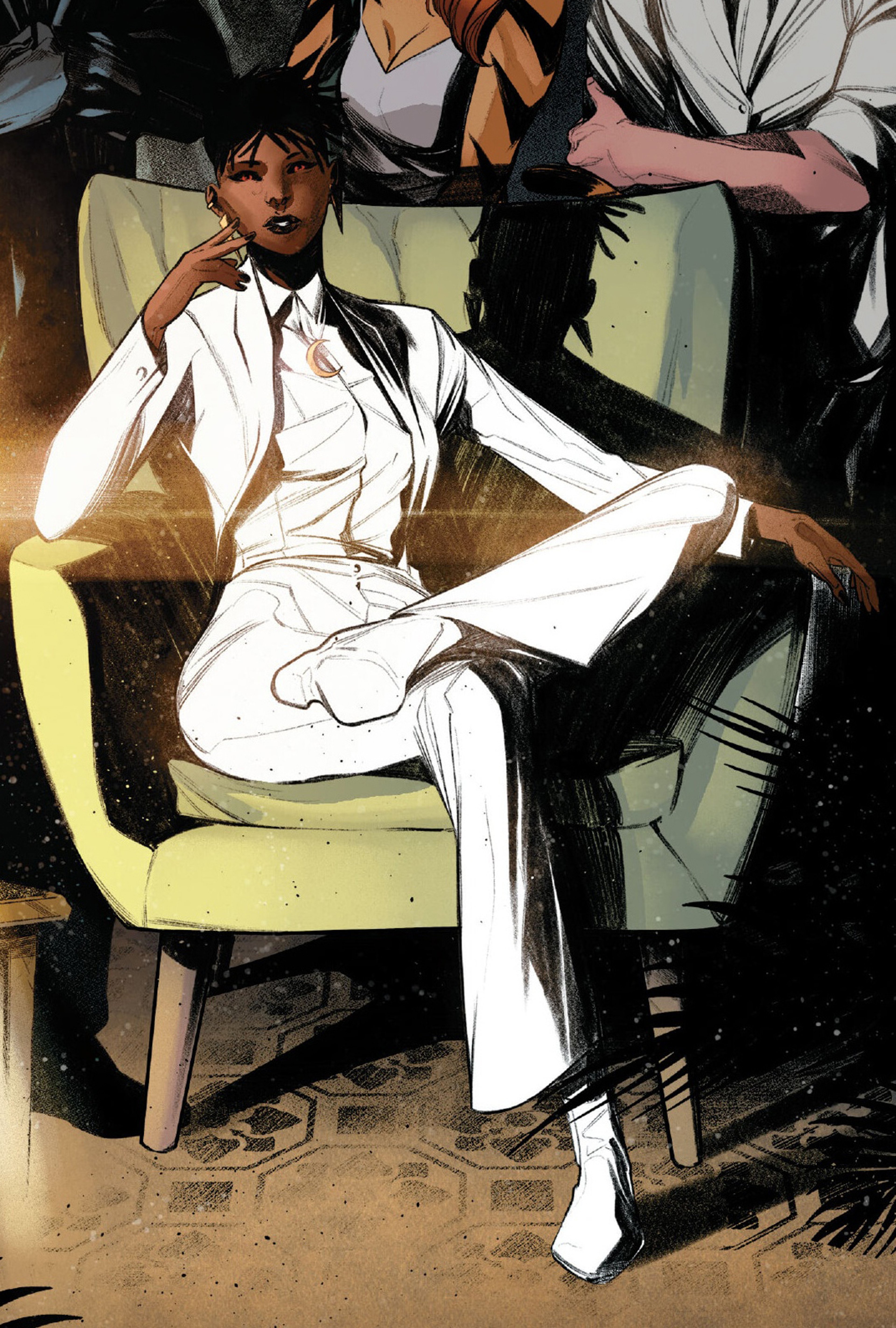 A young woman with red eyes and black hair wearing a white suit and sitting in a chair