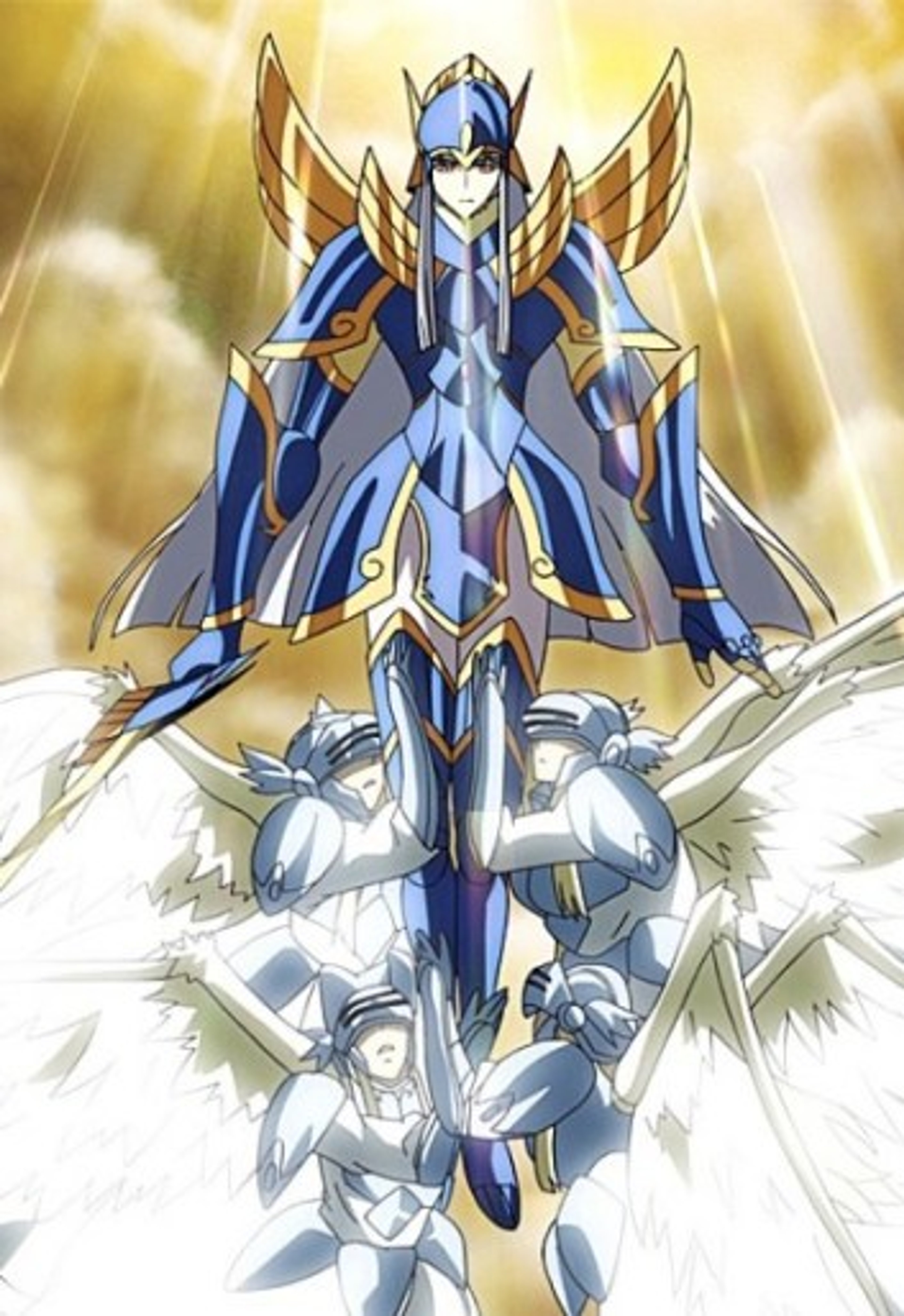 A powerful, divine warrior character with an androgynous appearance wearing a metallic blue and gold God Robe