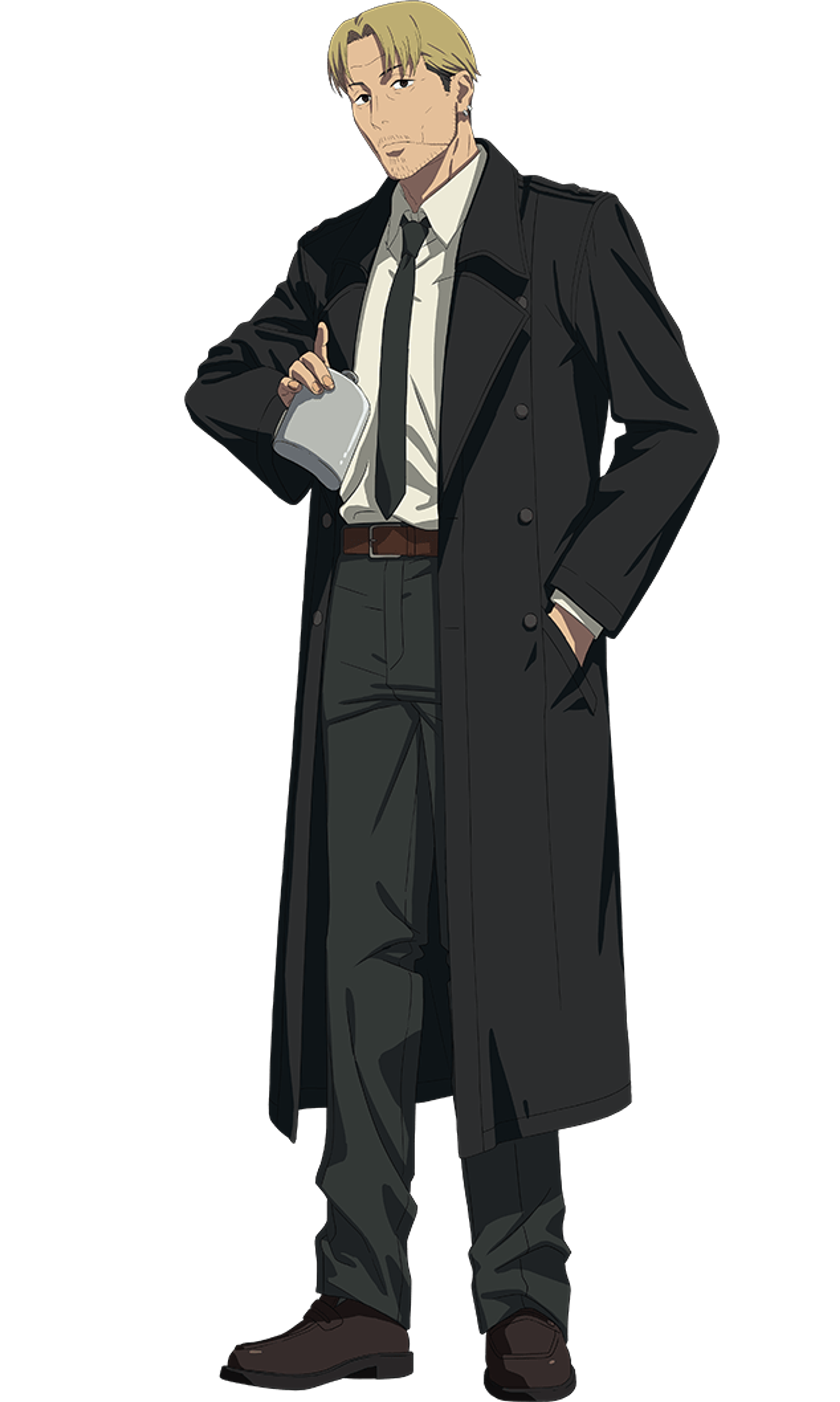 A man with a grizzled appearance wearing a long coat and the uniform of a Public Safety Devil Hunter