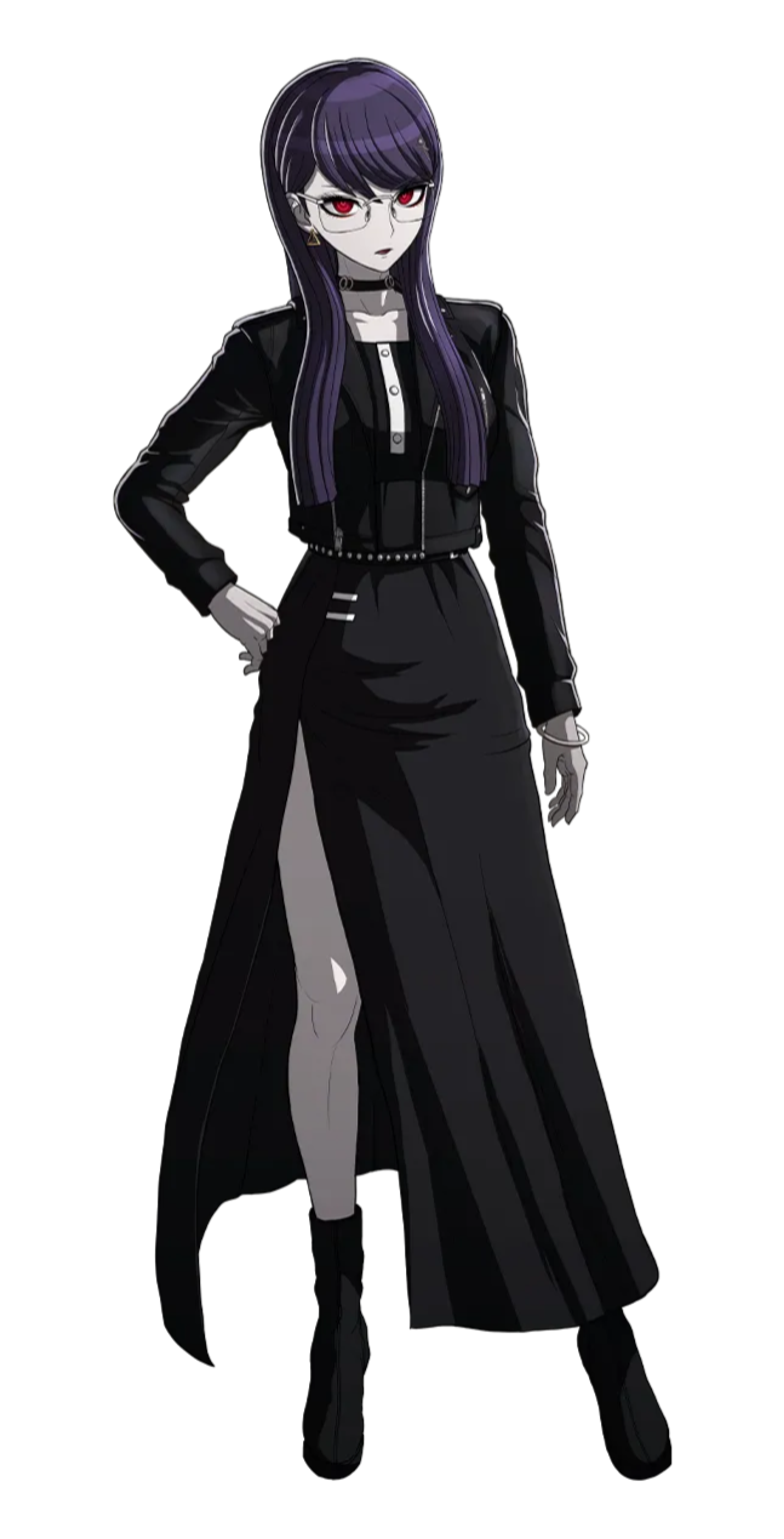 A serious-looking teenage girl with purple hair and red eyes, wearing a black military-style outfit and holding a large battle axe.