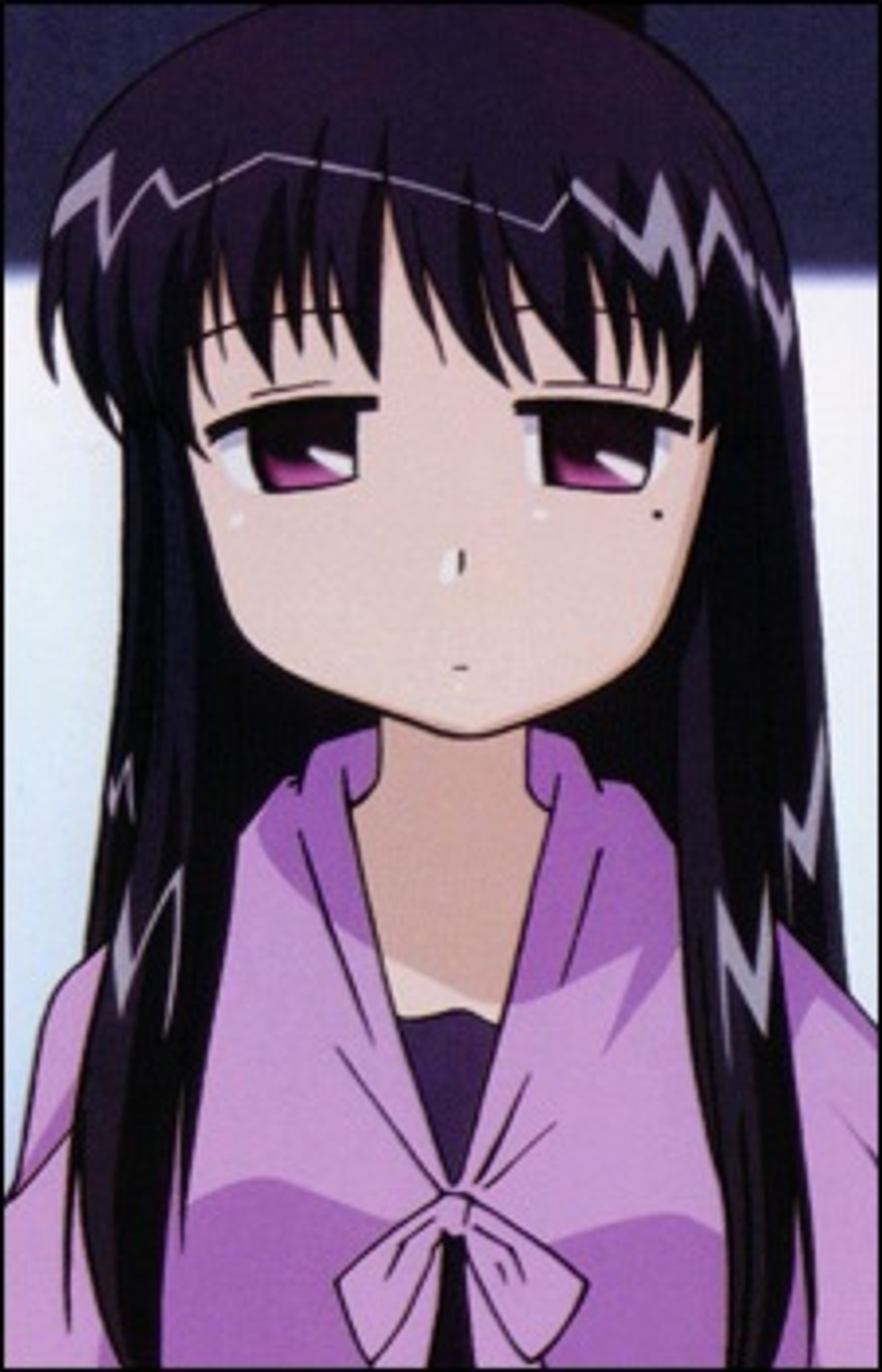 An anime-style illustration of a young woman with dark hair wearing a purple sweater or jacket