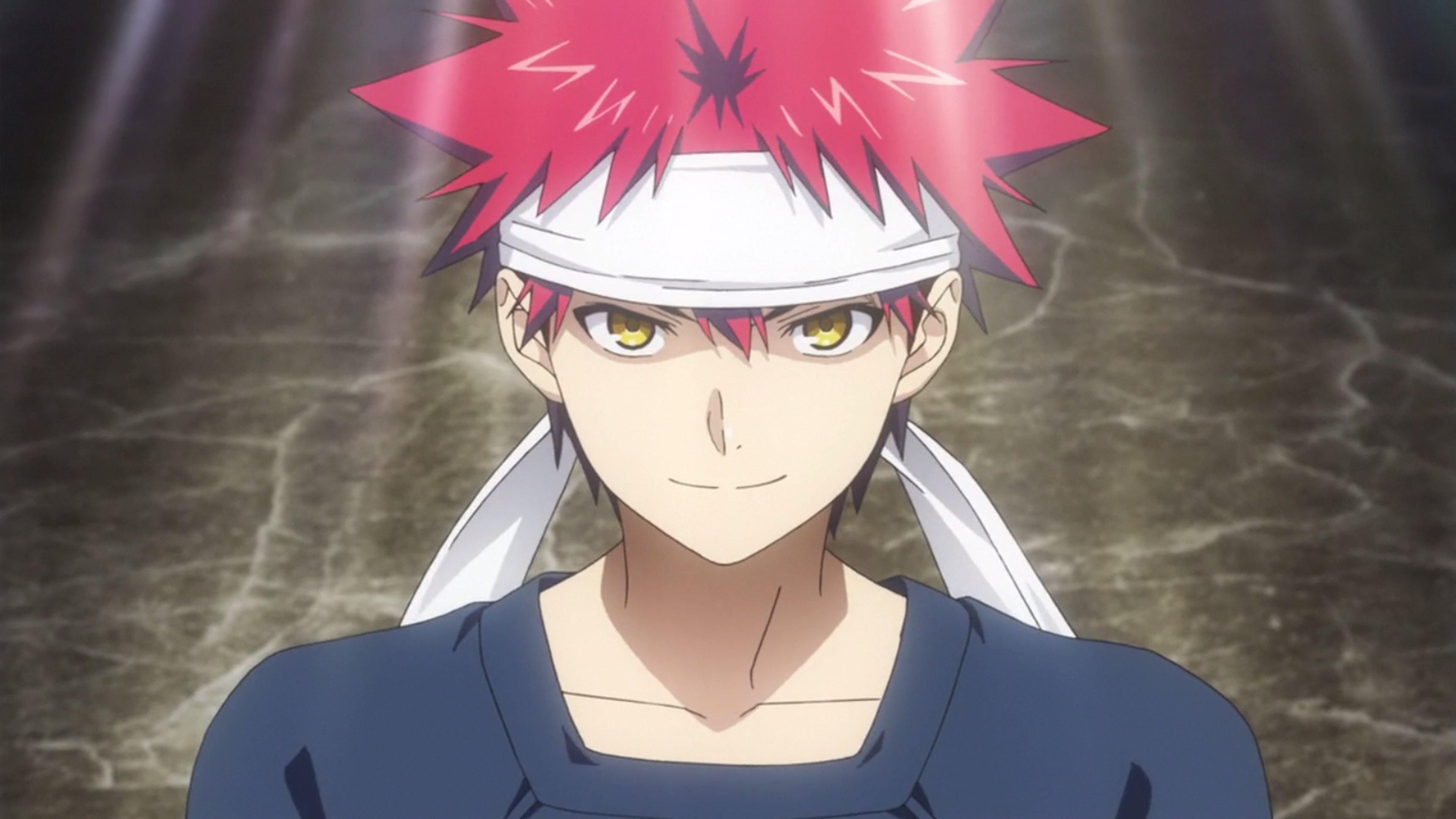 An anime-style character with red spiky hair and a determined expression