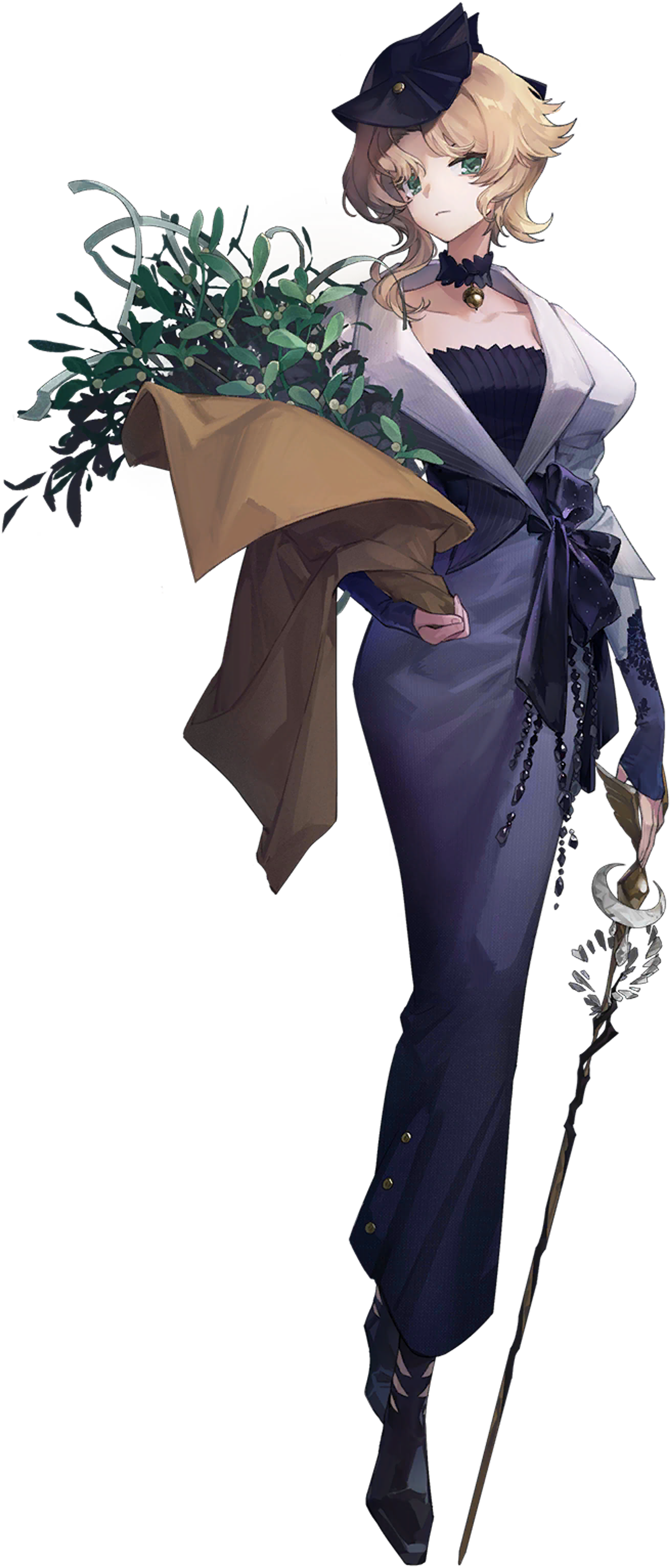 A young woman in a dark outfit holding a bouquet of plants in a forest setting.
